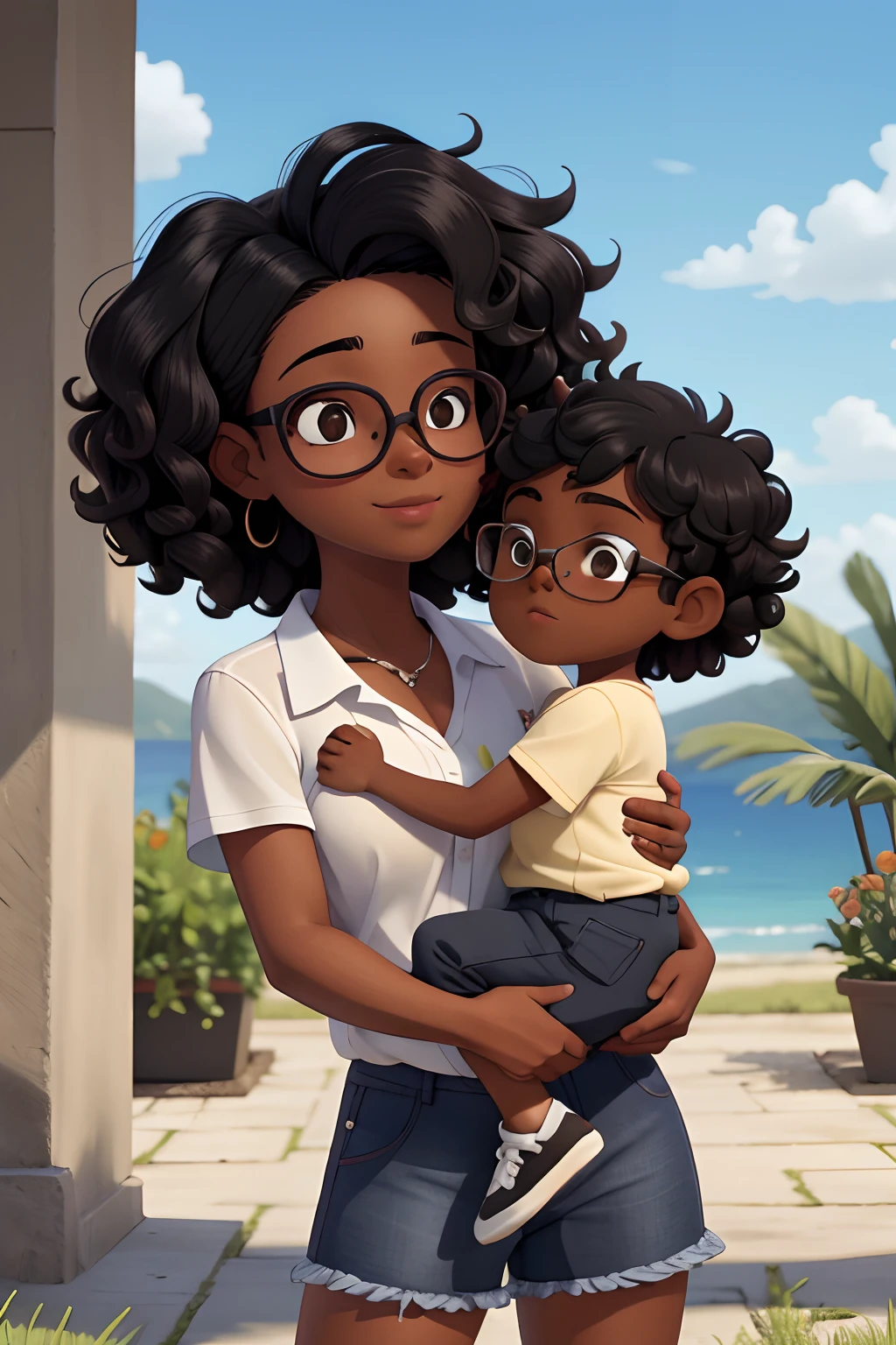 "Mom kissing her  boy on the lips", cabelos pretos, Black mother is seen wearing glasses and skirt with straight line, short hair, Littlef black skin color and medium curly hair is seen wearing shorts, master part, Realistic, high resolution, alta qualidade, extremely high quality, melhor qualidade, Ultra Detalhado, extremamente detalhado,