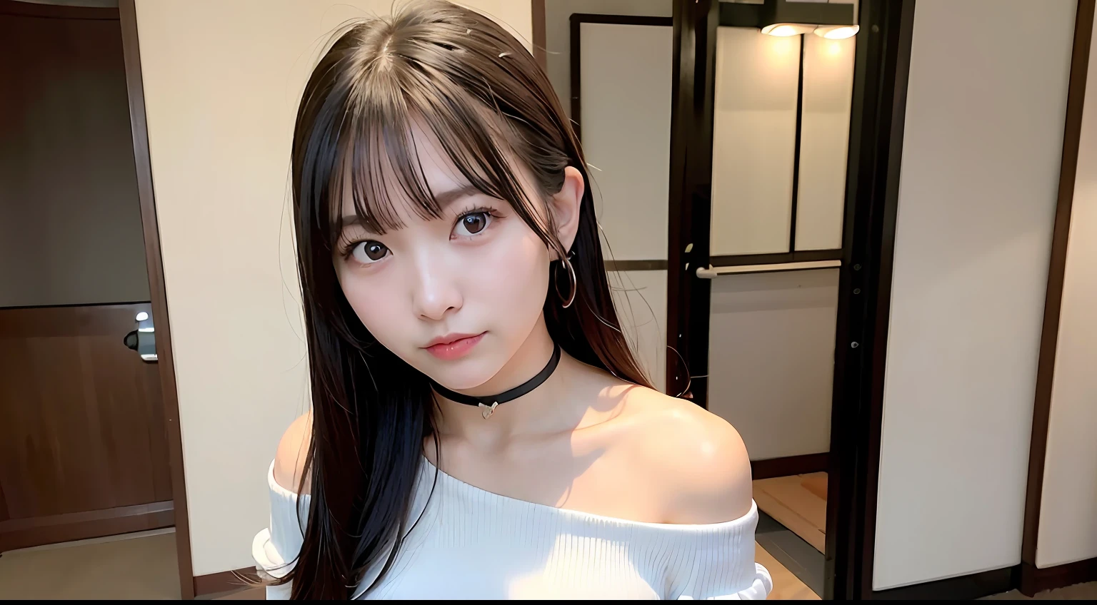 top-quality、超A high resolution、(Photorealsitic:1.4)、1 Japan Girl、Off-shoulder white shirt、Black tight skirt、Black Choker、(faded ash gray hair:1)、huge-breasted、looking at viewert、a closeup、A slight smil