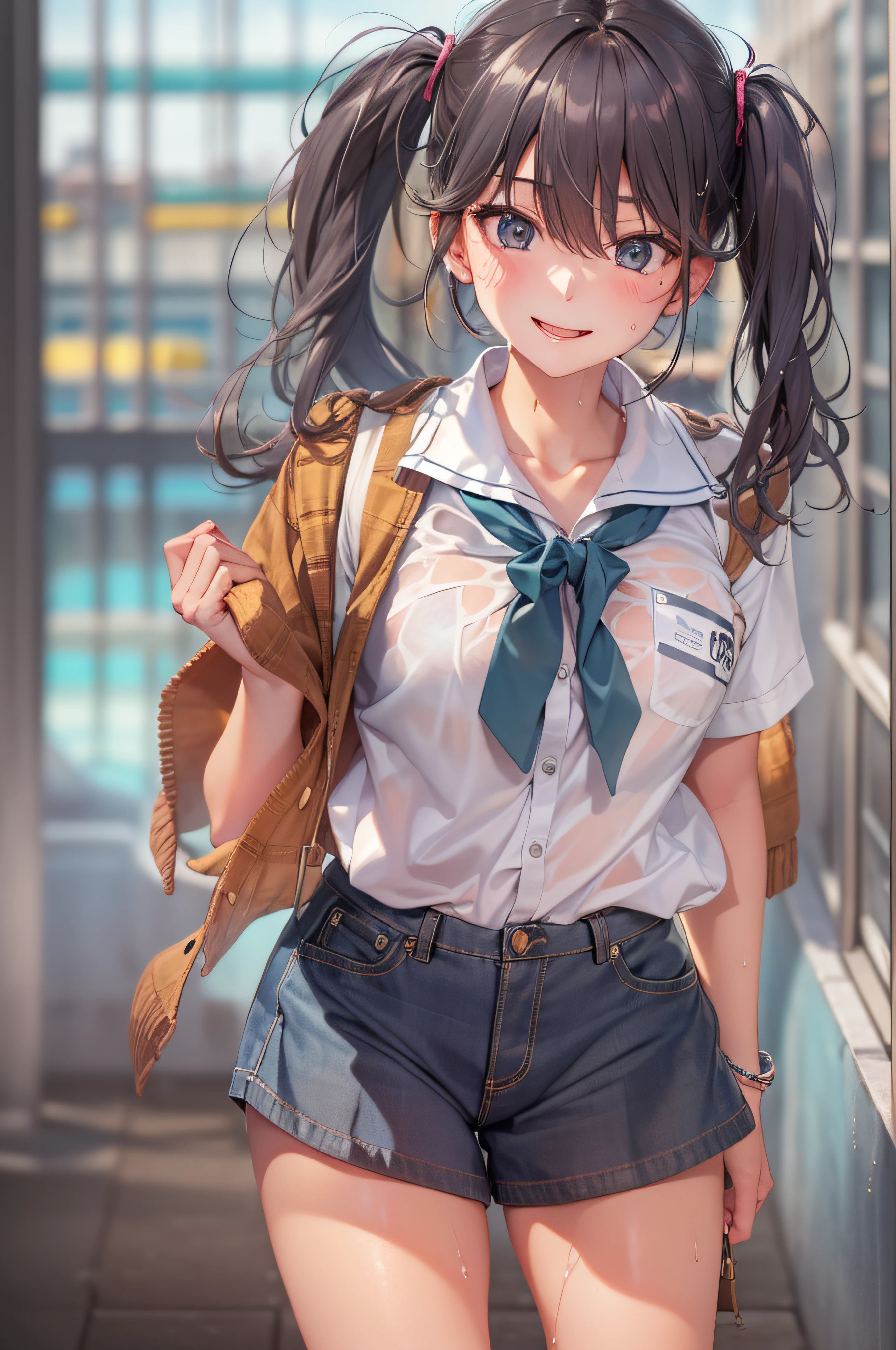 A girl, after school by the sea, with a big Kunpeng behind her, all over. She is a beautiful, pretty, cute, cute, young, ager. She is slim, slender, petite, thin, (big breasts), (big breasts), (big breasts). She was sweaty, wet, and drenched. The clothes are transparent, there is sweat on the skin, and the hair is wet. She grinned and smiled. She looks natural, relaxed and unpretentious. Scheming face. Make faces. (sticking out his tongue), telling a secret, hiding a secret, shyness, excitement. She stared at the audience. She wears a black ponytail. She wore a school uniform, a rolled up shirt with a colored corduroy bra under the shirt, shorts of various colors, and two layers. Shirt lift,. Camera focused on her face, light shining on her face, very large aperture, ((f/1.2)), shallow depth of field, strong blur in background lens, ISO 3000, auto white balance, extremely detailed, professional lighting, soft light, raw photos, Uniqlo fashion models, best quality, masterpiece, award-winning photography, huge file size, 8k, high resolution, shot on Sony DSLR.