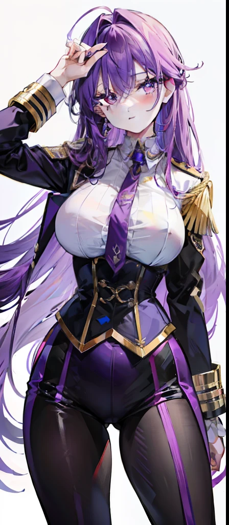 Beautiful girl wearing an official uniform matched with purple and gold，The hair is purple，long whitr hair，The pupils are crimson，The slim waist corset does not show the body