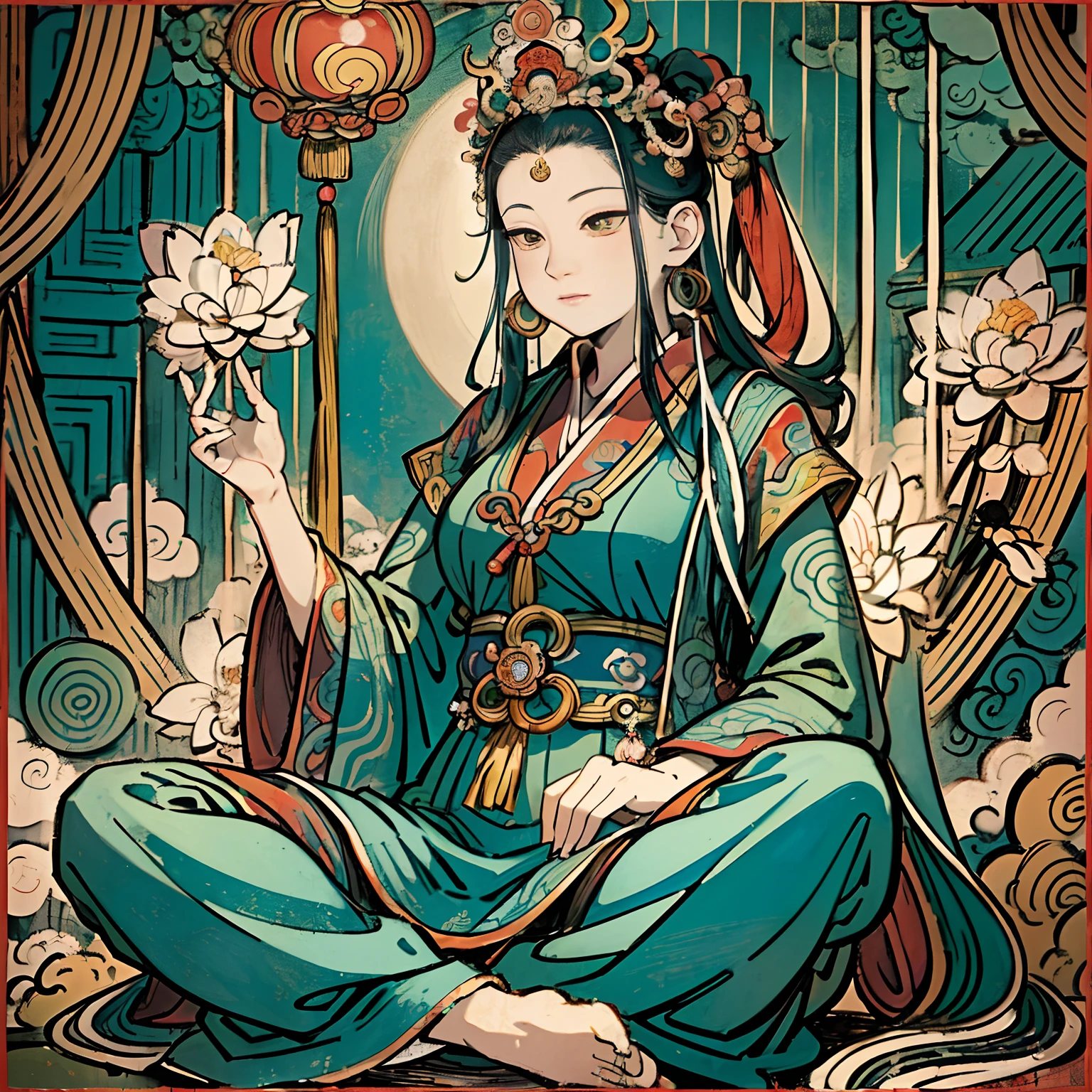 an ancient Chinese goddess, guanyin of the southern seas, Guanyin, Inspired by India, Avalokiteshvara Bodhisattva Lion，,Serene expression,shui mo hua,Buddha,Buddhist,Lotus,Chinese painting style,Thangka style