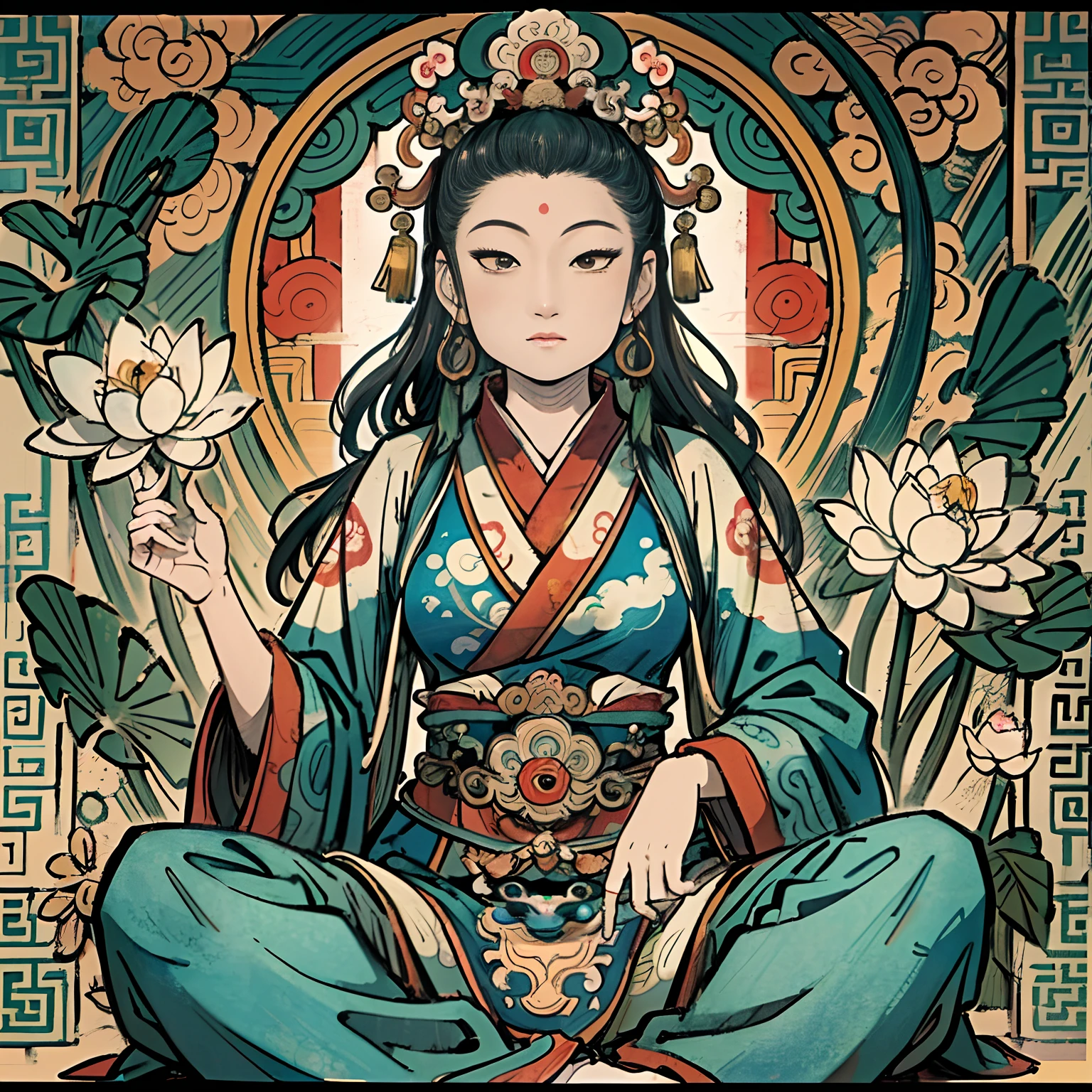 an ancient Chinese goddess, guanyin of the southern seas, Guanyin, Inspired by India, Avalokiteshvara Bodhisattva Lion,,Serene expression,shui mo hua,Buddha,Buddhist,Lotus,Chinese painting style,Thangka style