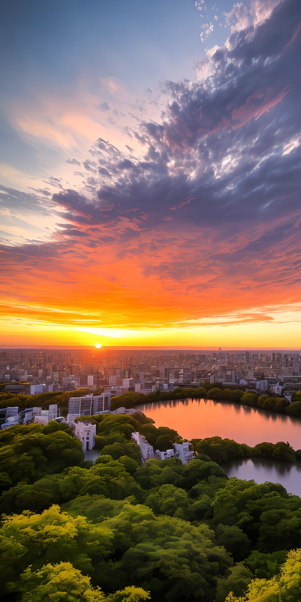 tmasterpiece, Escher, Dramatic skies, comets, colorfull sky, best qualtiy, high qulity, the Extremely Detailed CG Unity 8K Wallpapers, The landscape, city ruins background, Tokyo city ruins in the background, 废墟, toyko, ((ruins landscape)), ((apocalyptic city)), ((city ruins)), exteriors, Skysky, Clouds, Skysky, No Man, mont, scenecy, The tree,precipice, naturey, mostly cloudy sky, award winning photography, Bokeh, depth of fields, hdr, flood, color difference, photorealisti, high detal, dramatics, halfway art, style of anime, illustratio,At sunset,The afterglow of the setting sun casts a warm orange glow,The water reflects the colors of the setting sun,Slightly flickering,detailed and realistic textures,Movie defocused background blur,Depth of field and light create beautiful photos,Masterpiece,Best picture quality,16k,,