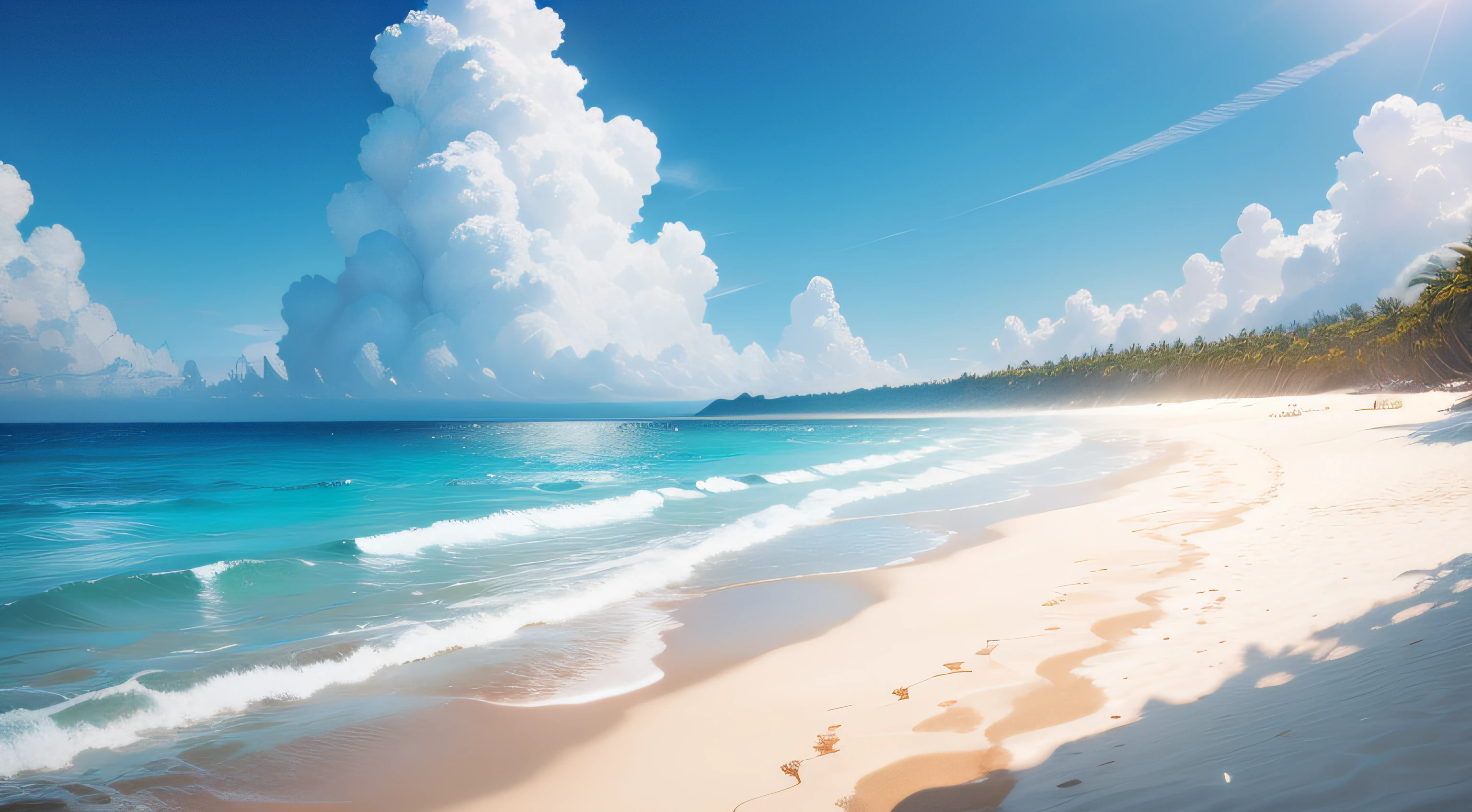 White sandy beach、Wavy、Clean sea、blue open sky、South Country、8K、top-quality、realisitic