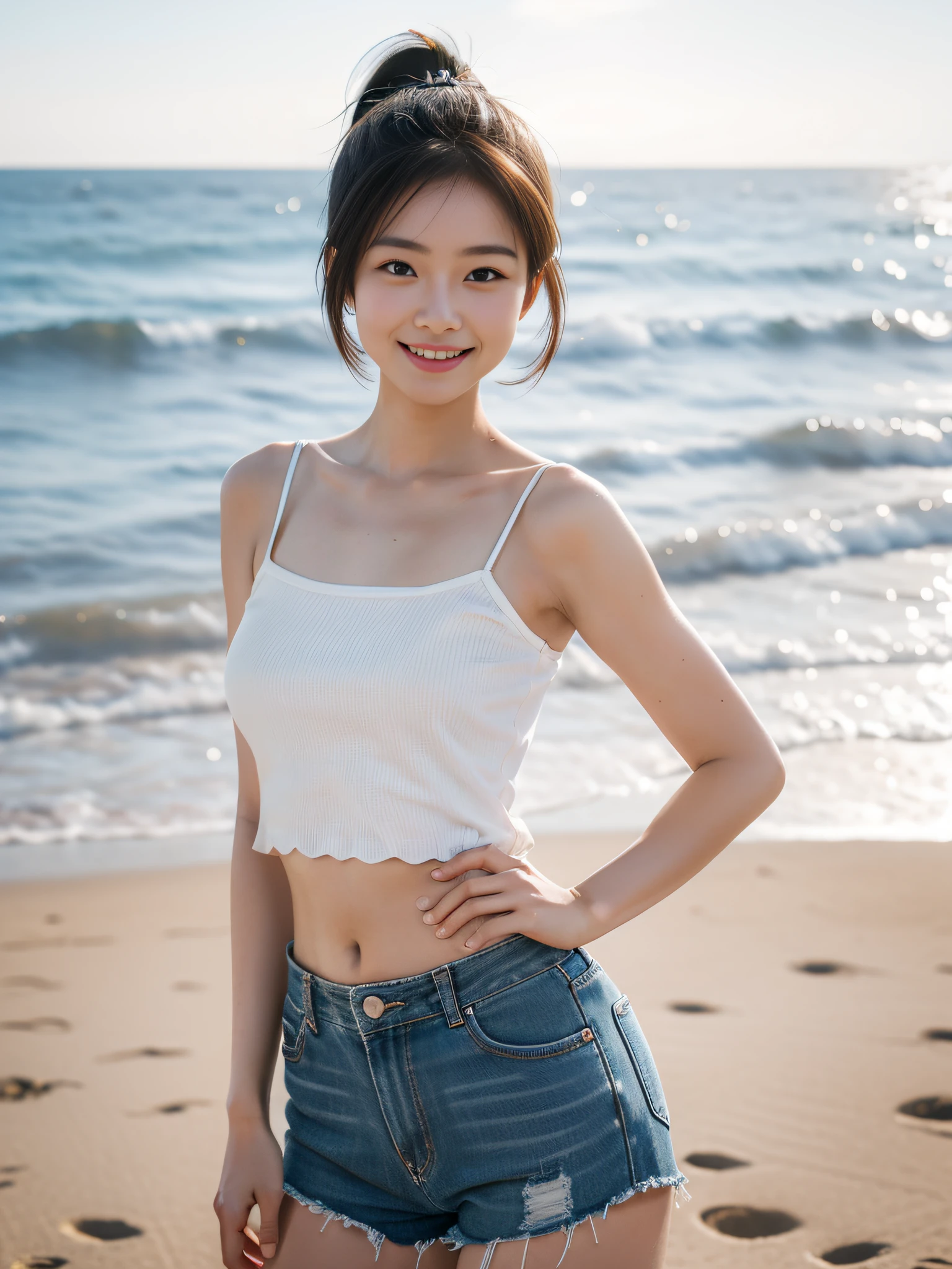 (best quality, complex details: 1.2) ,1 girl, solo, looking at the audience, camisole, cowboy shorts, long hair, lips parted, realistic,on the beach,smile,Medium size,(white skin),white body,high ponytail,
