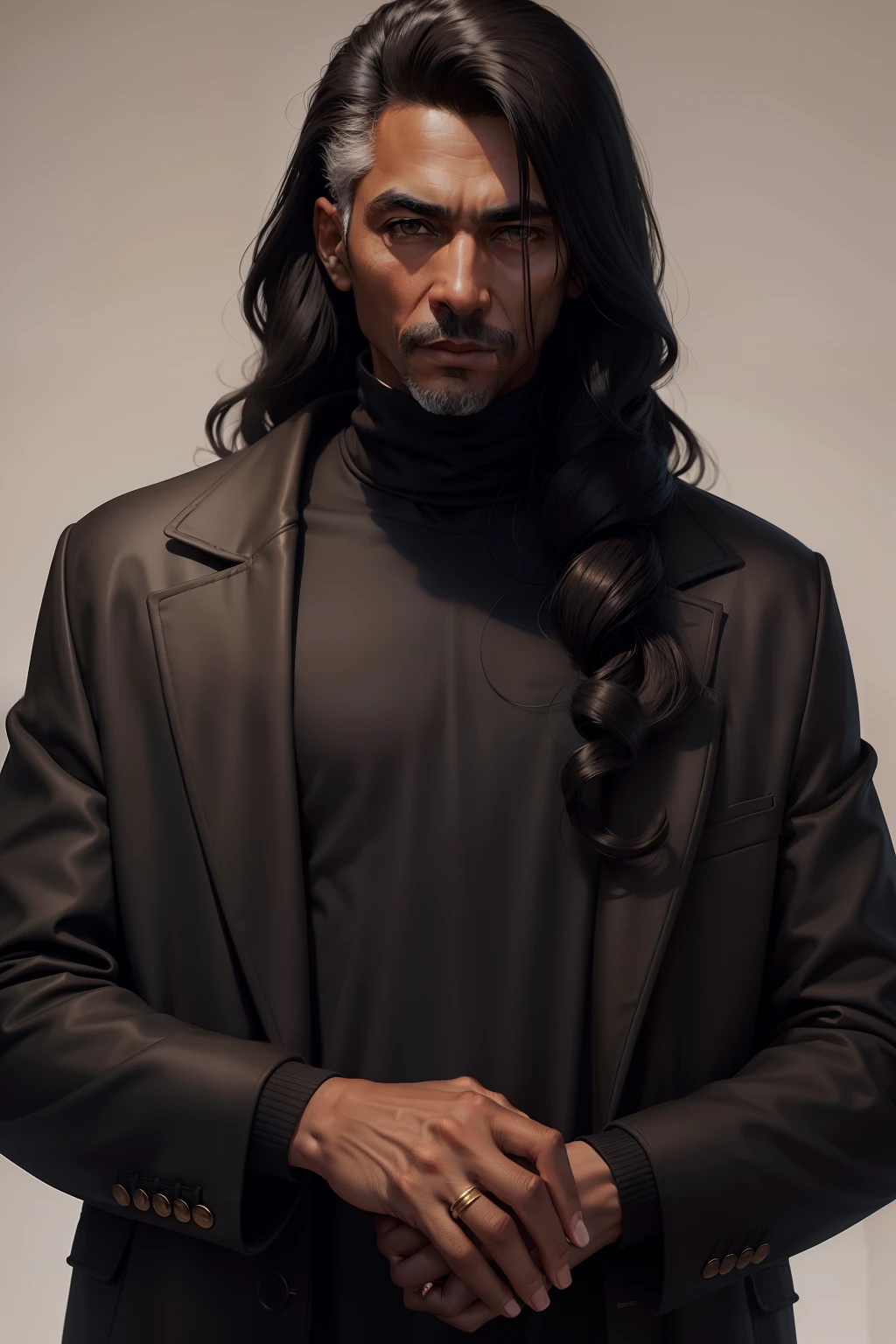 old male, turtleneck T-shirt, long black coat, curly black hair, brown skin tone