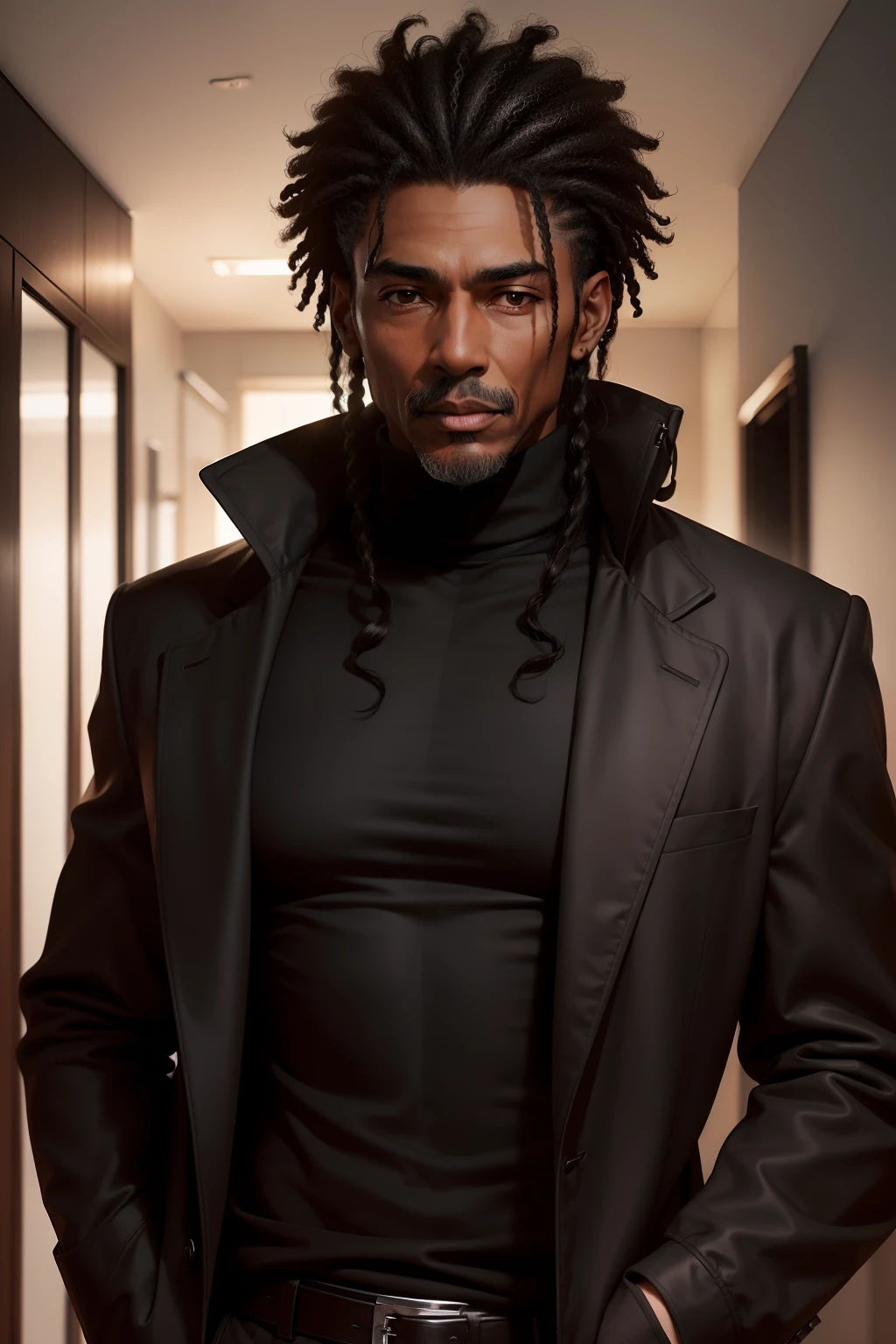 old male, turtleneck T-shirt, long black coat, curly black hair, brown skin tone