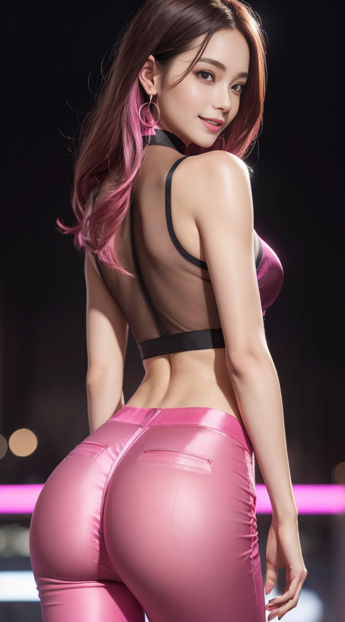 8k, masterpiece, RAW photo, best quality, photorealistic, extremely detailed CG unity 8k wallpaper, Depth of field, Cinematic Light, Lens Flare, Ray tracing, (extremely beautiful face, beautiful lips, beautiful eyes), intricate detail face, ((ultra detailed skin)) 1girl, in the dark, deep shadow, pretty korean girl, kpop idol, 1 girl, (very slim slender fit-muscled body:1.3), ((looking at viewer)),(big smile:1.3), (tight laced blouse), (hot pink color blouse), (sleeveless) , (fashion city night, dark night, (neon sign), (blurred background), fashion street night),(without people in the background:1.3), beautiful earrings, bracelets, necklace, pantyhose, clear eyes, (pale skin), (big eyes), face forward, ((upper body shot)), ((silk hot pink color pants:1.3)),(brown hairs),((tight fitting silk pants)), (see through), (looking at viewer:1.3) open breast, very slim, medium breasts, turning back, back shot, ((see through)), underwear, turning back, ((back shot)), (transparent pants)