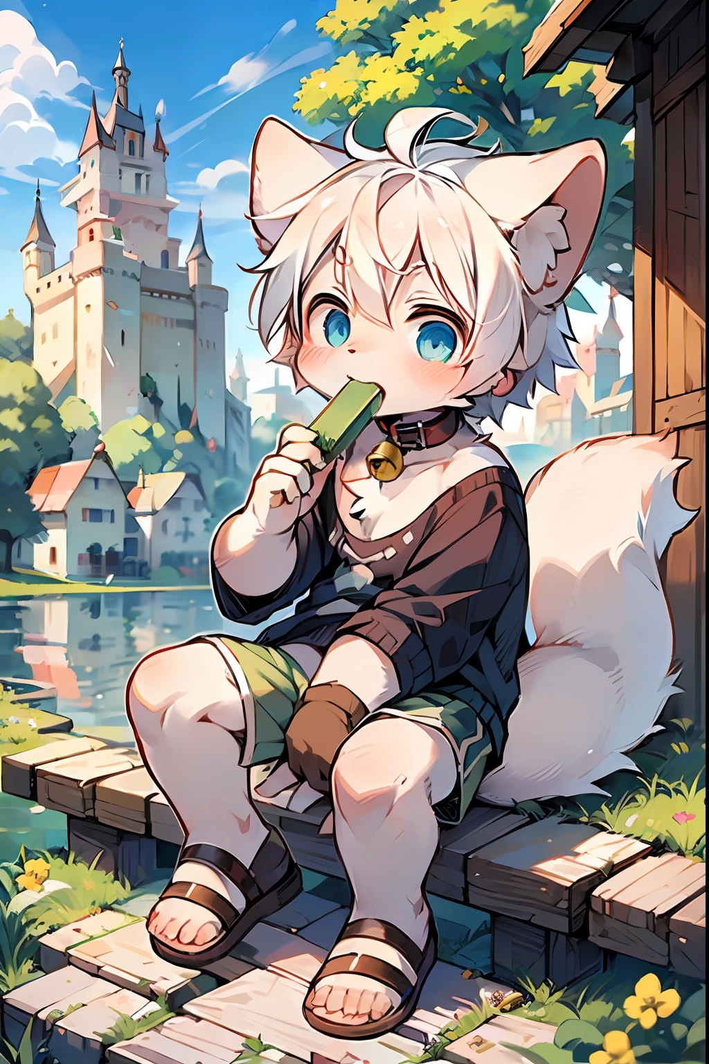 Masterpiece, high quality, absurd resolution, digital painting \ (artwork \), by dagasi, Yupa, Kiyosan, (fluffy fur, white fur, full body fur,). Boy, blue eyes, white hair, shorts, sandals, bright eyes, panorama, character focus. Detailed background, eating, outdoors, castle in the sky, (bells, pet collars, loose clothes: 1.2)