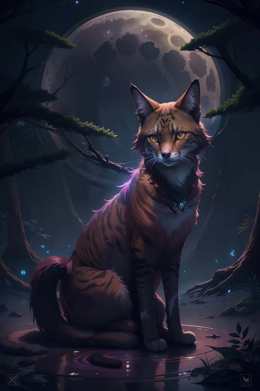 ((cat)) forest fox maned wolf, dark forest trail, bioluminescent, full moon, iconography, hints of maroon color, ultra detailed, beautiful and aesthetic, High quality, beautiful, masterpiece, best quality, (zentangle, mandala, tangle, entangle:0.6),