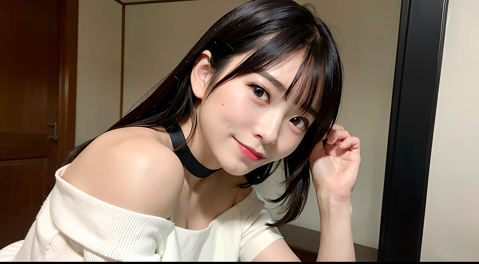 best quality, dark purple hair, ultra high res, (photorealistic:1.4), 1girl, ((Reze:1.4)) , ((Asian face)) (K-Pop idol face), good anatomy, good hand and for ngers, looking at viewer, smiles, perfect teeth, sitting on bed, bedroom, good lighting, (sleeveless white shirt, necklace, collar, button:1.4)