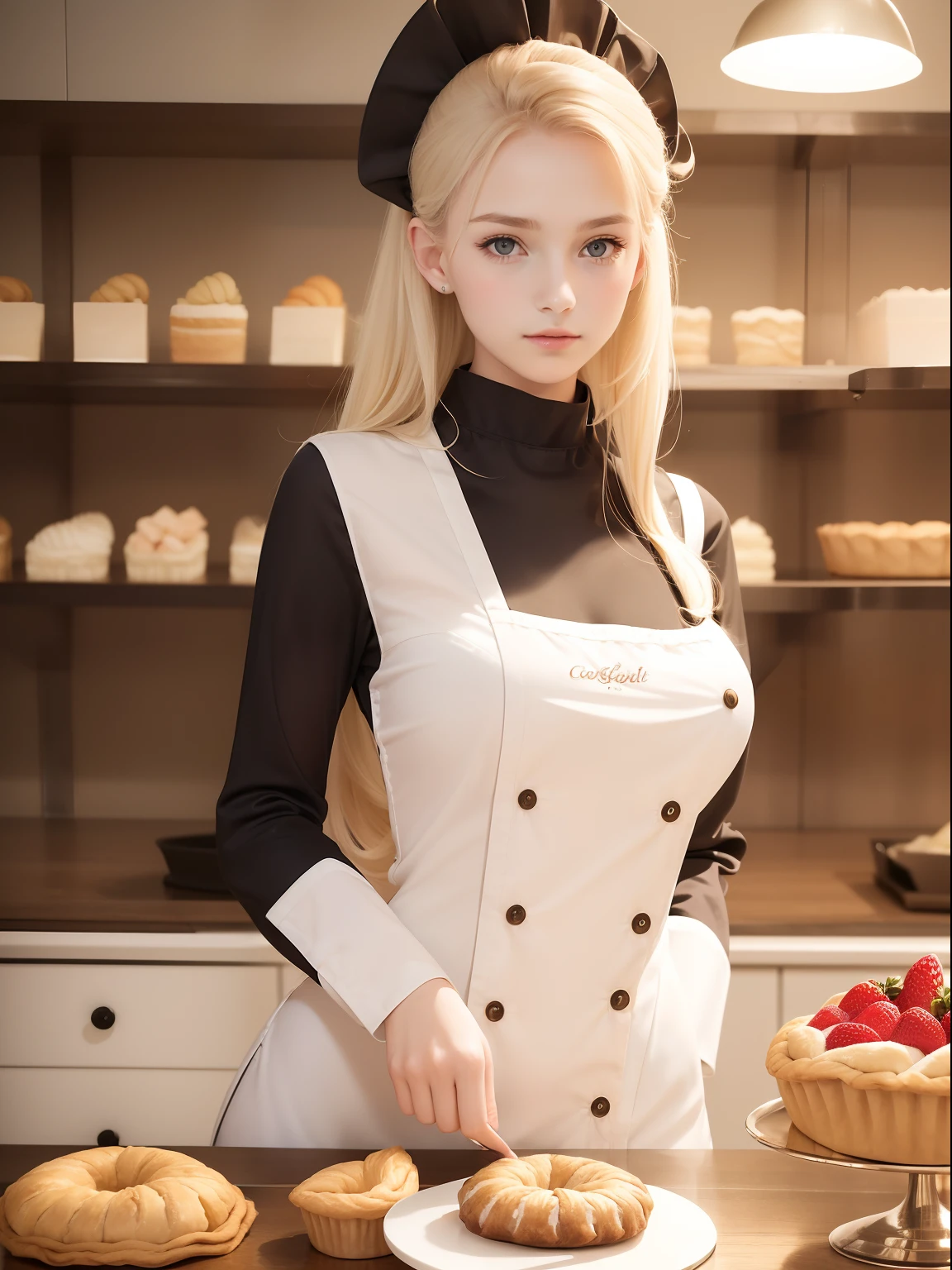 masuter piece, best qualtiy, ((Real Model Shots)), 8K picture quality, ((1 persons)), extremely delicate and beautiful, magnifica, Official art with attention to detail, (Cute girl at 18 years old), (Petite and pretty girl), (Nordic beauty), ((Perfect female figure)), large full breasts, Slim waist, big butts, Blonde hair, (((Cute long sleeve pastry chef clothes))), Whole cakes, atelier, Cake shop, ssmile,