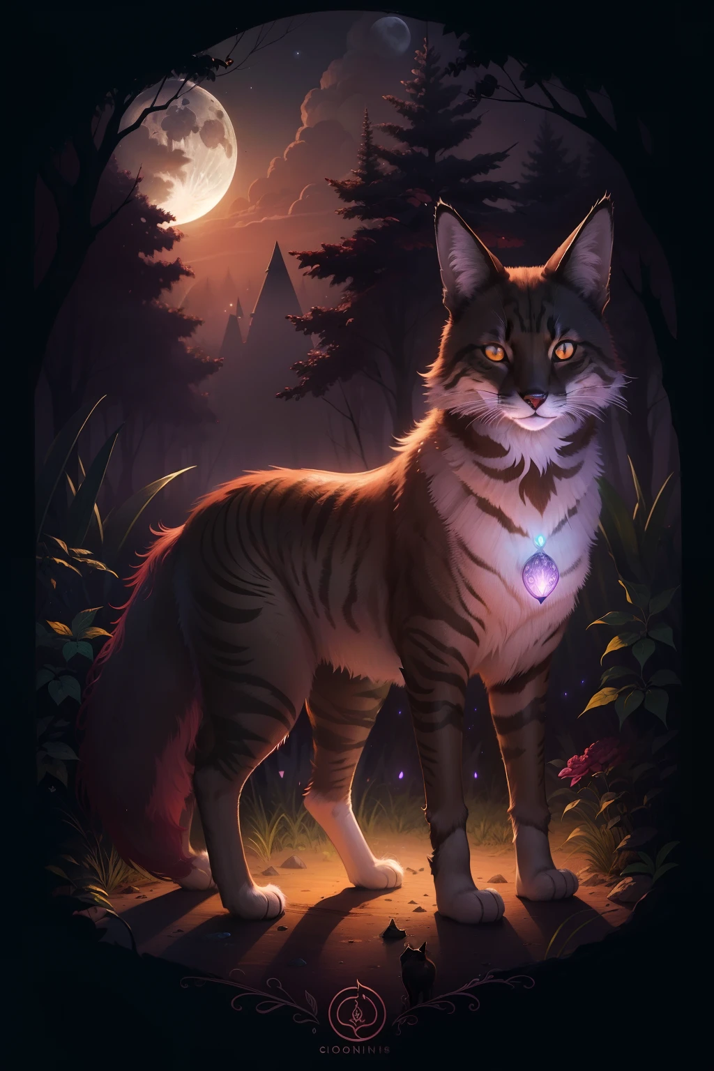 ((cat)) forest fox maned wolf, dark forest trail, bioluminescent, full moon, iconography, hints of maroon color, ultra detailed, beautiful and aesthetic, High quality, beautiful, masterpiece, best quality, (zentangle, mandala, tangle, entangle:0.6),