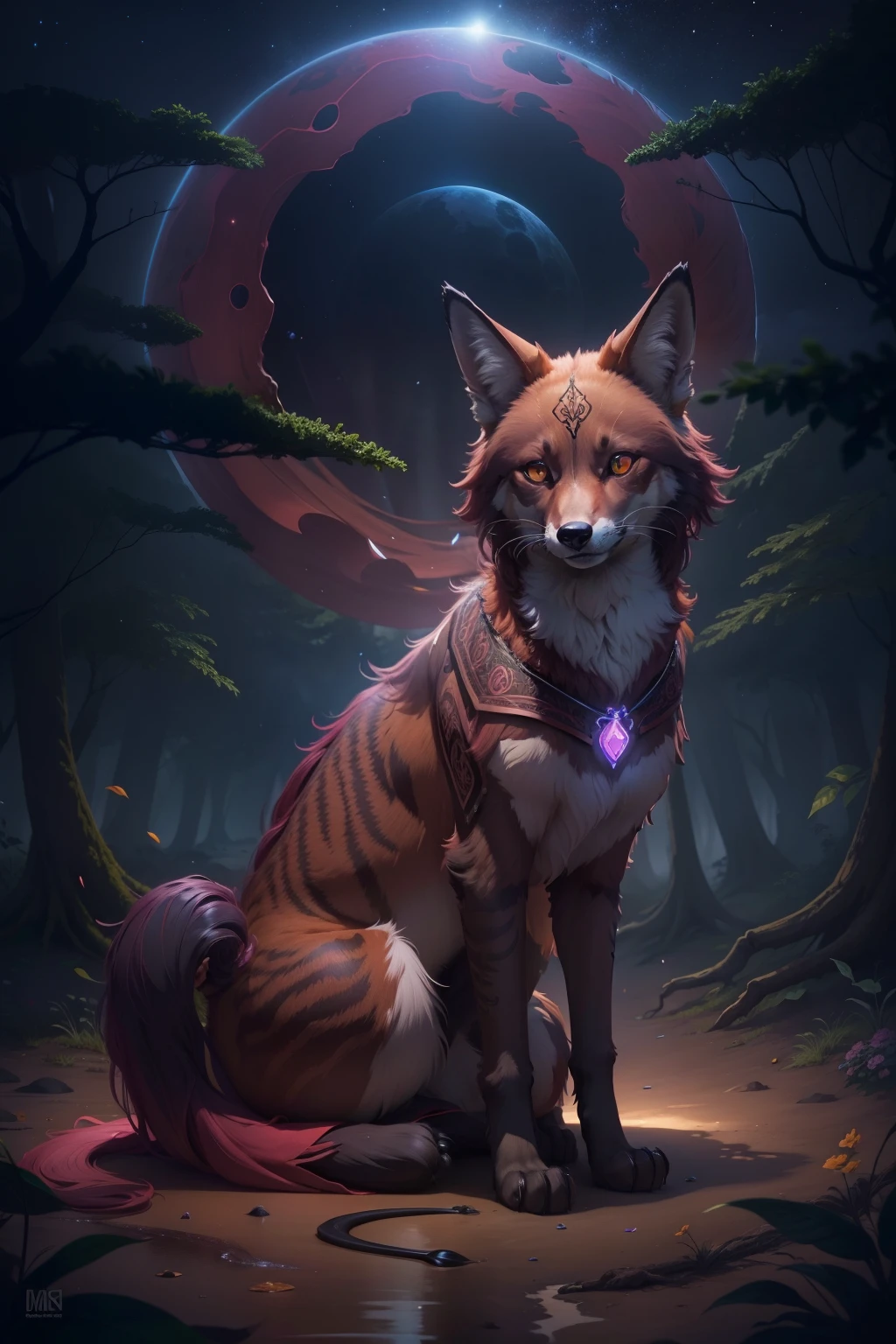with four legs, a very cute, (maned wolf cat forest fox hybrid animal), solid rich deep brown fur color, very dark forest trail, multi-shades of maroon night flowers that border the trail, wearing a glowing enchanted gemmed collar with bioluminescent blue diamond collar pendant, bioluminescent, full moon-lit, iconography, hints of maroon color, ultra detailed, beautiful and aesthetic, High quality, beautiful, masterpiece, best quality, (zentangle, mandala, tangle, entangle :0.6), 24k resolution, photorealistic.