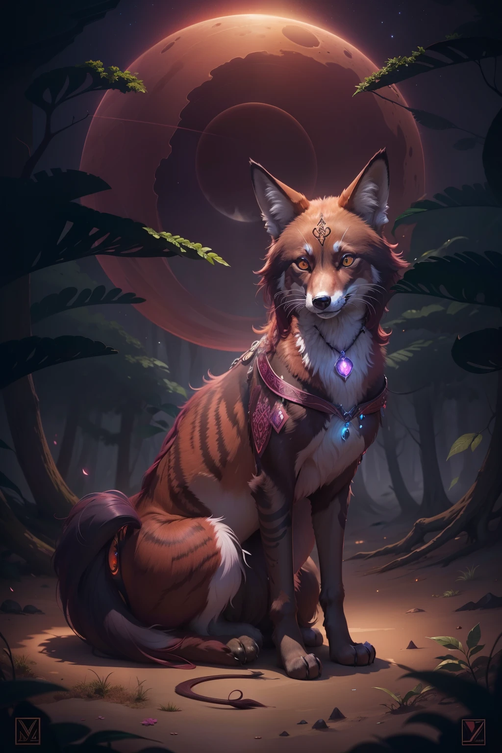 with four legs, a very cute, (maned wolf cat forest fox hybrid animal), solid rich deep brown fur color, very dark forest trail, multi-shades of maroon night flowers that border the trail, wearing a glowing enchanted gemmed collar with bioluminescent blue diamond collar pendant, bioluminescent, full moon-lit, iconography, hints of maroon color, ultra detailed, beautiful and aesthetic, High quality, beautiful, masterpiece, best quality, (zentangle, mandala, tangle, entangle :0.6), 24k resolution, photorealistic.