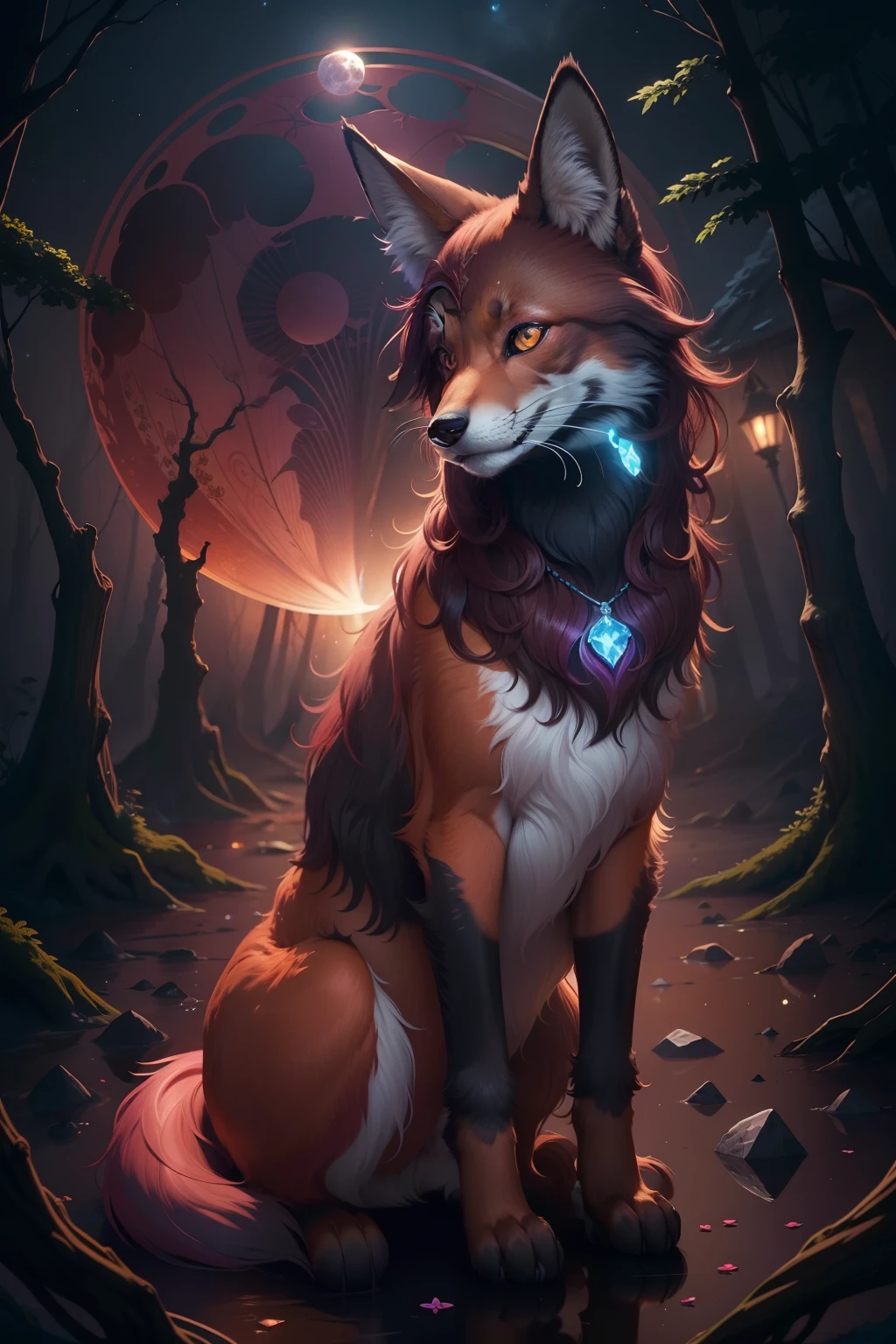 with four legs, a very cute, (maned wolf cat forest fox hybrid animal), solid rich deep brown fur color, very dark forest trail, multi-shades of maroon night flowers that border the trail, wearing a glowing enchanted gemmed collar with bioluminescent blue diamond collar pendant, bioluminescent, full moon-lit, iconography, hints of maroon color, ultra detailed, beautiful and aesthetic, High quality, beautiful, masterpiece, best quality, (zentangle, mandala, tangle, entangle :0.6), 24k resolution, photorealistic.