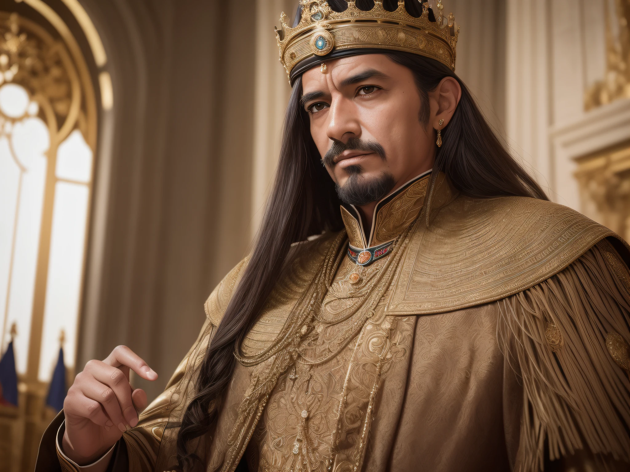 Na cena retratada, o rei Davi, Distinct historical figure, is captured in an image that highlights his unique identity and the greatness of his position. Her hair flows gracefully down to her shoulders, enquadrando seu rosto com majestade, while a magnificent crown rests with dignity upon his head. Vestindo trajes reais ultra-realistas, meticulously designed to evoke his leadership role and monarch, He personifies the essence of a powerful and revered ruler. Seu olhar, a captivating fusion of resolution and wisdom, It lends depth to the imposing presence it represents.
A suavidade da luz solar que incide sobre ele, assemelhando-se ao brilho mencionado anteriormente, reveals every detail of its majestic appearance. The distinction between her robes and the modern costume mentioned earlier is striking; The ultra-realistic royal costume highlights the nobility of his position, reminding us of the opulence of ages past. Assentado com autoridade em um trono meticulosamente esculpido em ouro, The texture and intricate details add a palpable layer of authenticity to your image.
Photographer Lee Jeffries manages to immortalize this moment with a deep respect for the history and majesty of King David. Through a Nikon D850, filme Kodak Portra 400 e lente f1.6, the resulting image is hyper-realistic, displaying detailed textures and light plays that almost transcend photography itself. His ultra-realistic features capture every line of his face, reinforcing the portrait of a king who witnessed the course of time.
Por meio da lente experiente de Lee Jeffries, Nikon D850 camera, do filme Kodak Portra 400 e da abertura angular, the image manages to capture the imposing essence of King David, underscoring their spiritual connection and telling a visual narrative that is both majestic and historically evocative.