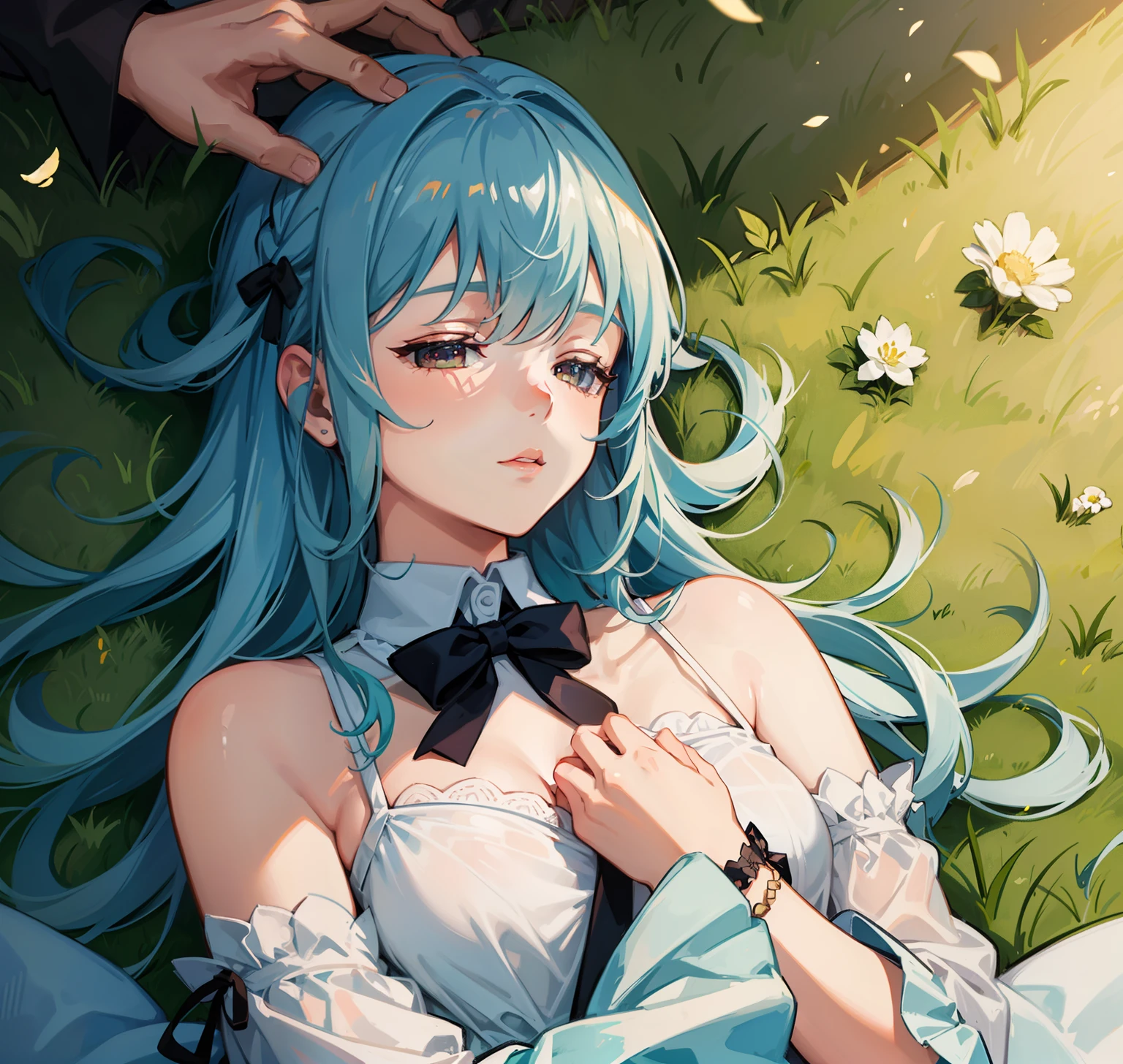 1girl,laying,laying_on_the_grass,grass,under_the_tree,a_hand_caresses_her_head,sleep,peaceful_atmosphere,focus_to_her_face,up_view
