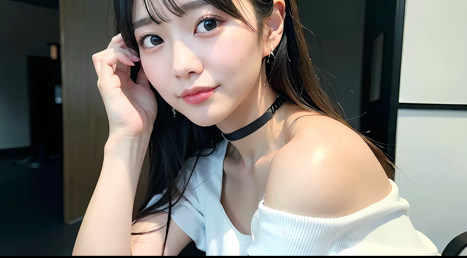 top-quality、超A high resolution、(Photorealsitic:1.4)、1 Japan Girl、Off-shoulder white shirt、Black tight skirt、Black Choker、(faded ash gray hair:1)、huge-breasted、looking at viewert、a closeup、A slight smil