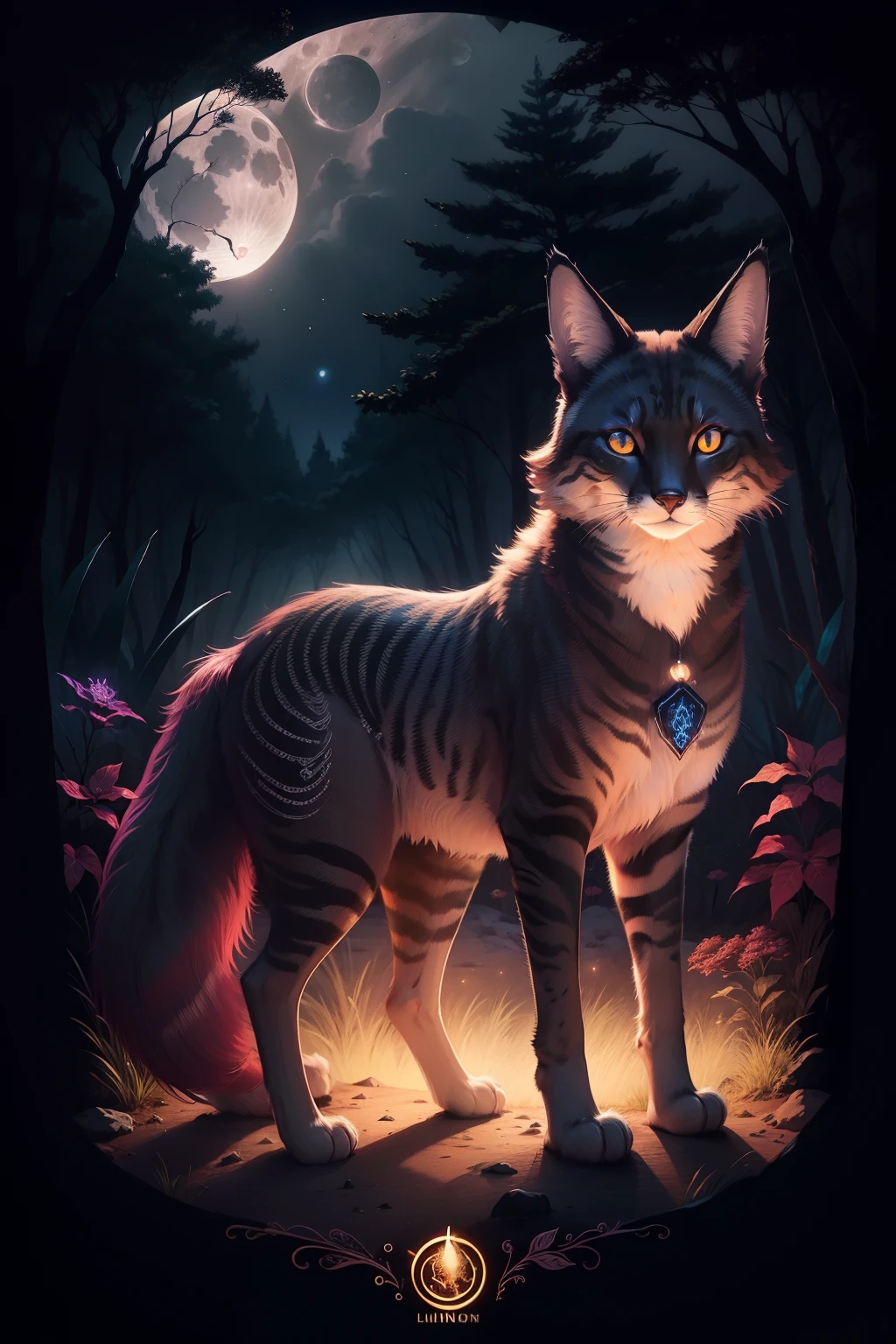 ((cat)) forest fox maned wolf, dark forest trail, bioluminescent, full moon, iconography, hints of maroon color, ultra detailed, beautiful and aesthetic, High quality, beautiful, masterpiece, best quality, (zentangle, mandala, tangle, entangle:0.6),