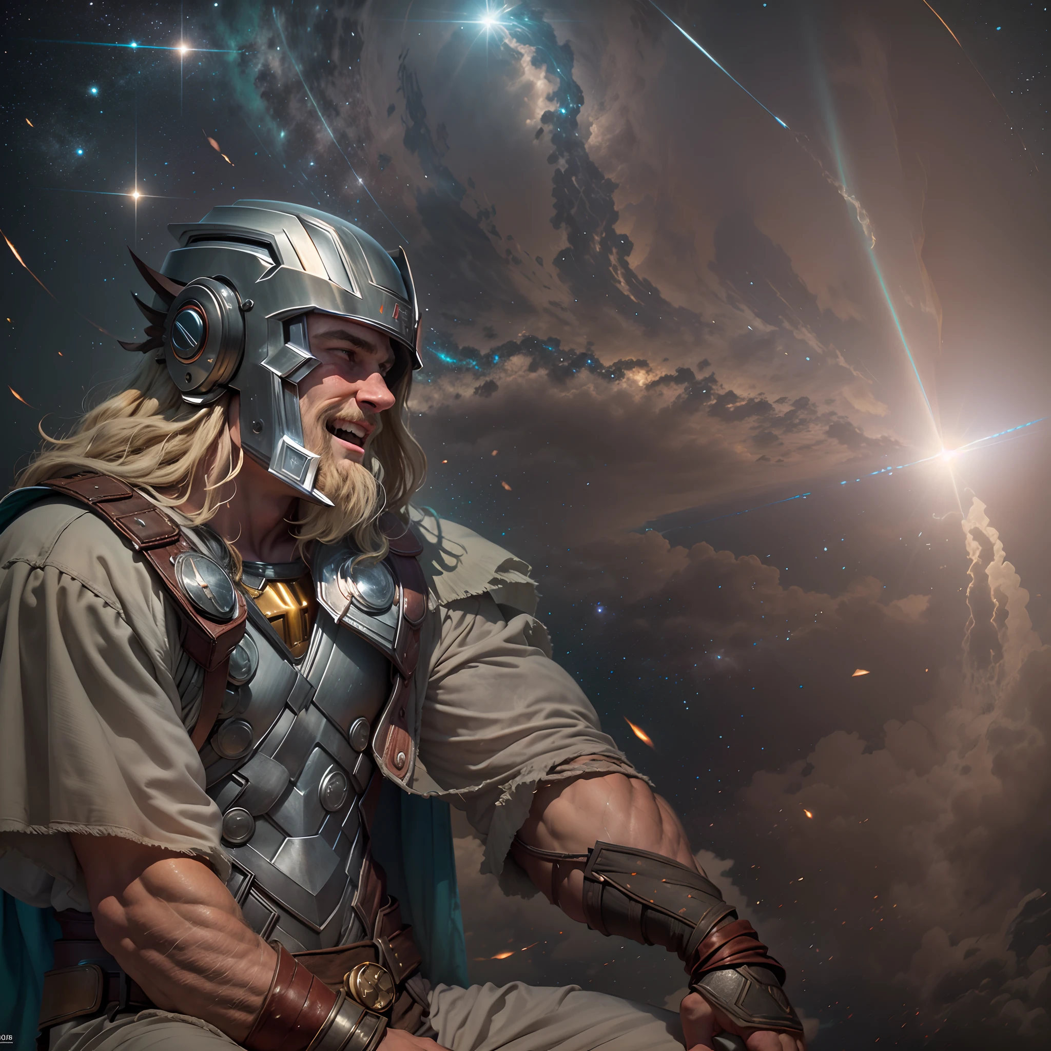 Thor gordo, velho, martelo, raio, alegria, fundo de galaxias, sol, nikon, mega definition