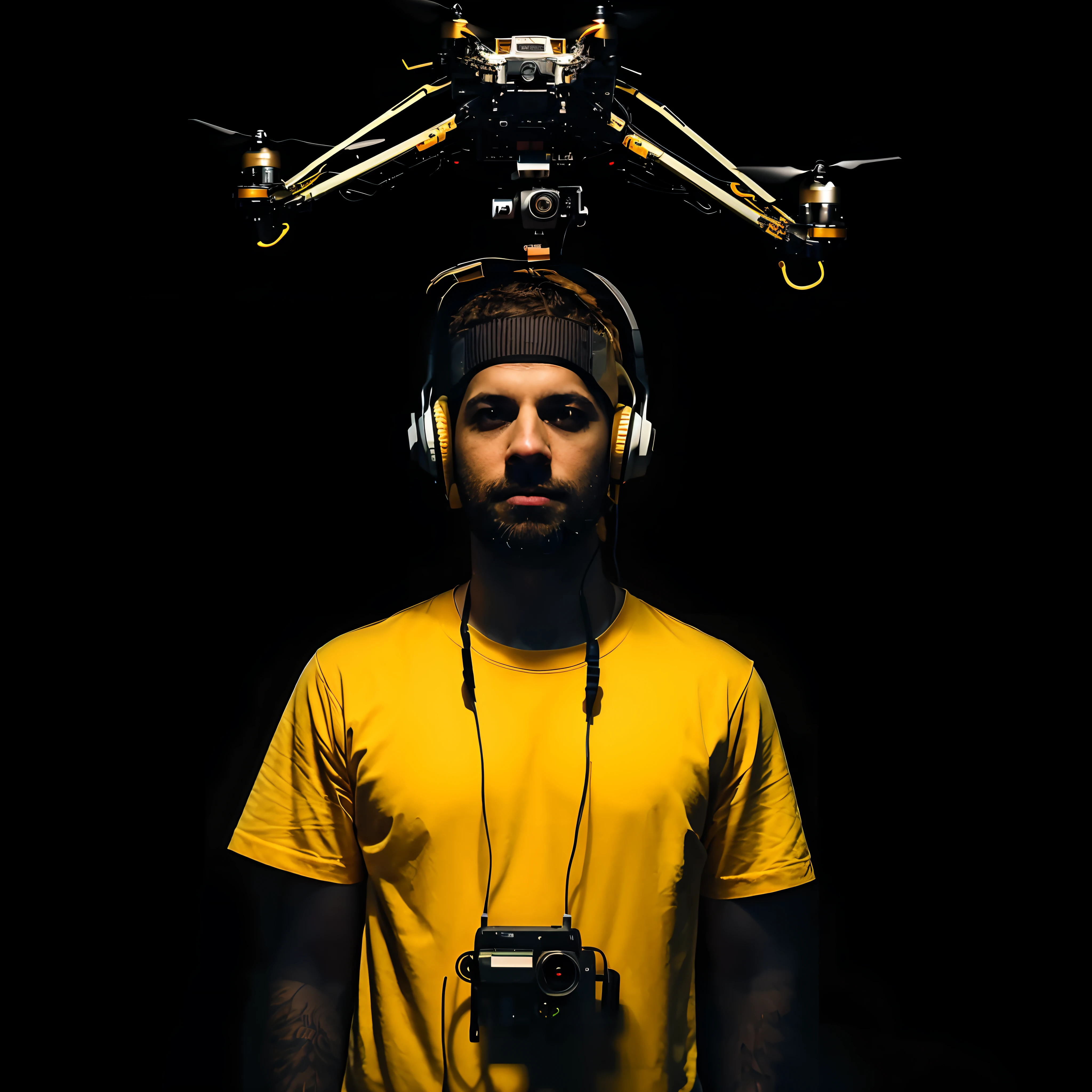 1homem, rosto, detalhados, olhos perfeitos, with headphones and a camera on the head, O Rei dos Drones, PunkDrone, headphones on head, drone fotograpghy, headphones on head, perspectiva do drone, Drones, The man with the robot head, fotografia de drones, portrait of a digital shaman, Fones de ouvido flutuantes, photo of the drone above the head, Retrato fotografado em 8K, com fones de ouvido, fan art