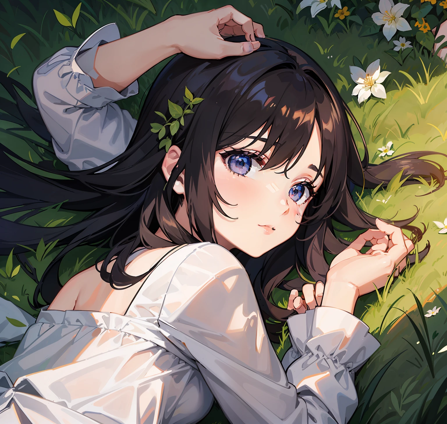 ((masterpiece, best quality)), ((Izumi miyamura)), Anime version, long black hairstyle, messy front hair, laying down in garden, wearing slightly yellow sweater, double eyelashes, thin lips, shiny blue eyes, pale skin, looking towards viewer, (collarbone), slight smile, intrinsic details, highres, 4k, 8k, award-winning