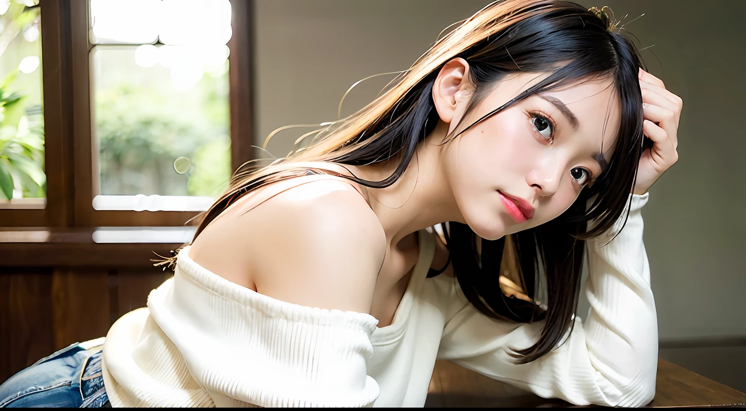 top-quality、超A high resolution、(Photorealsitic:1.4)、1 Japan Girl、Off-shoulder white shirt、Black tight skirt、Black Choker、(faded ash gray hair:1)、huge-breasted、looking at viewert、a closeup、A slight smil
