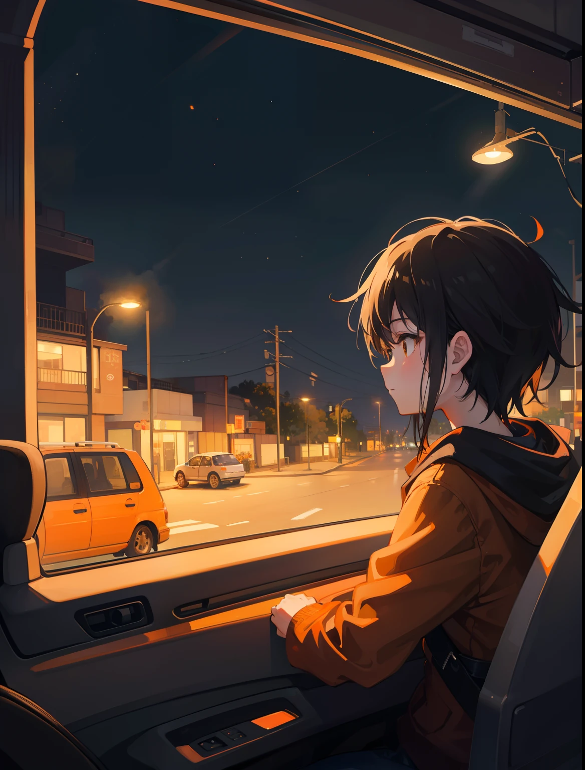 In the style of Makoto Shinkai, super fine illustration, best quality, From the rear seat window of a car, the glow of orange streetlights can be seen. Inside, a lying down gazes at the orange streetlights. The warm and nostalgic ambiance of the orange lights against the backdrop of the night captivates the child's attention.