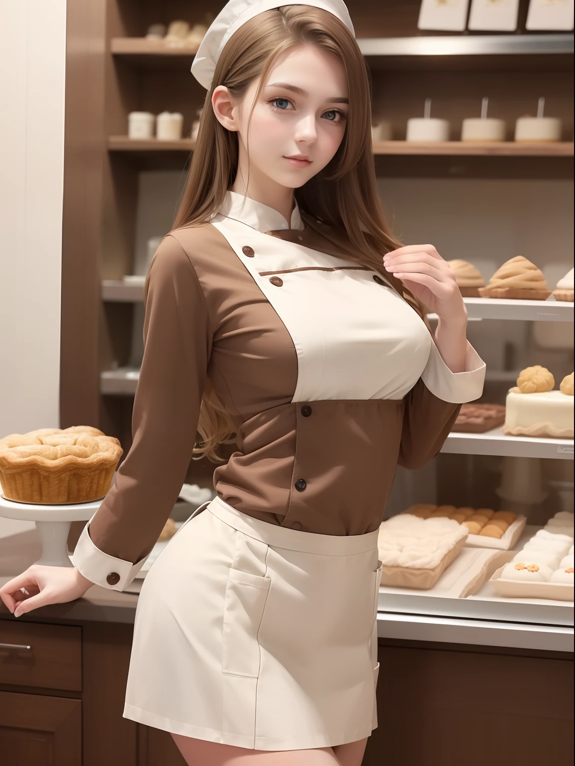 masuter piece, best qualtiy, ((Real Model Shots)), 8K picture quality, ((1 persons)), extremely delicate and beautiful, magnifica, Official art with attention to detail, (Cute girl at 18 years old), (Petite and pretty girl), (Nordic beauty), ((Perfect female figure)), large full breasts, Slim waist, big butts, Blonde hair, (((Cute brown and white long sleeve pastry chef clothes))), Whole cakes, atelier, Cake shop, ssmile,