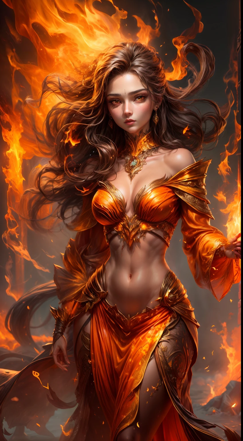 This is a realistic fantasy artwork prominently featuring realistic fire, including wisps of flames, glowing hot embers, subtle curls of smoke, and a beautiful fire druid. The druid stands in the midst of a raging inferno with an interesting composition. Her face is expertly sculpted, with elegant and refined features and perfect shading and realistic skin texture. Her (orange and gold eyes) are stunning and are the focal point of this image. (Her eyes extremely detailed, beautiful detailed eyes, and macro). Her eyes feature intricate detailing with clearly defined irises and bright sclera. Her soft lips are smooth and very puffy, and her skin is adorned with a light flush and ornate fire detailing. Her long gown is stunning and expensive, and is made of pure flames and glittering, ornate jewels that glimmer in the fire light. Her billowing gown glitters from the flames and features a delicately and intricately embroidered bodice with wisps of flames running across it. Include fantasy elements like bumps, stones, fiery iridescence, glowing embers, silk, and an interesting background. Include fiery magical creatures such as fiery birds and fiery butterflies that give off a magical and mystical aura. Lighting: Utilize the latest trends in lighting to enhance the artwork's beauty. Camera: Utilize dynamic composition to create a sense of urgency and excitement. Take inspiration from the current masters of the fantasy genre, including trending artists on Artstation and Midjourney. ((masterpiece))