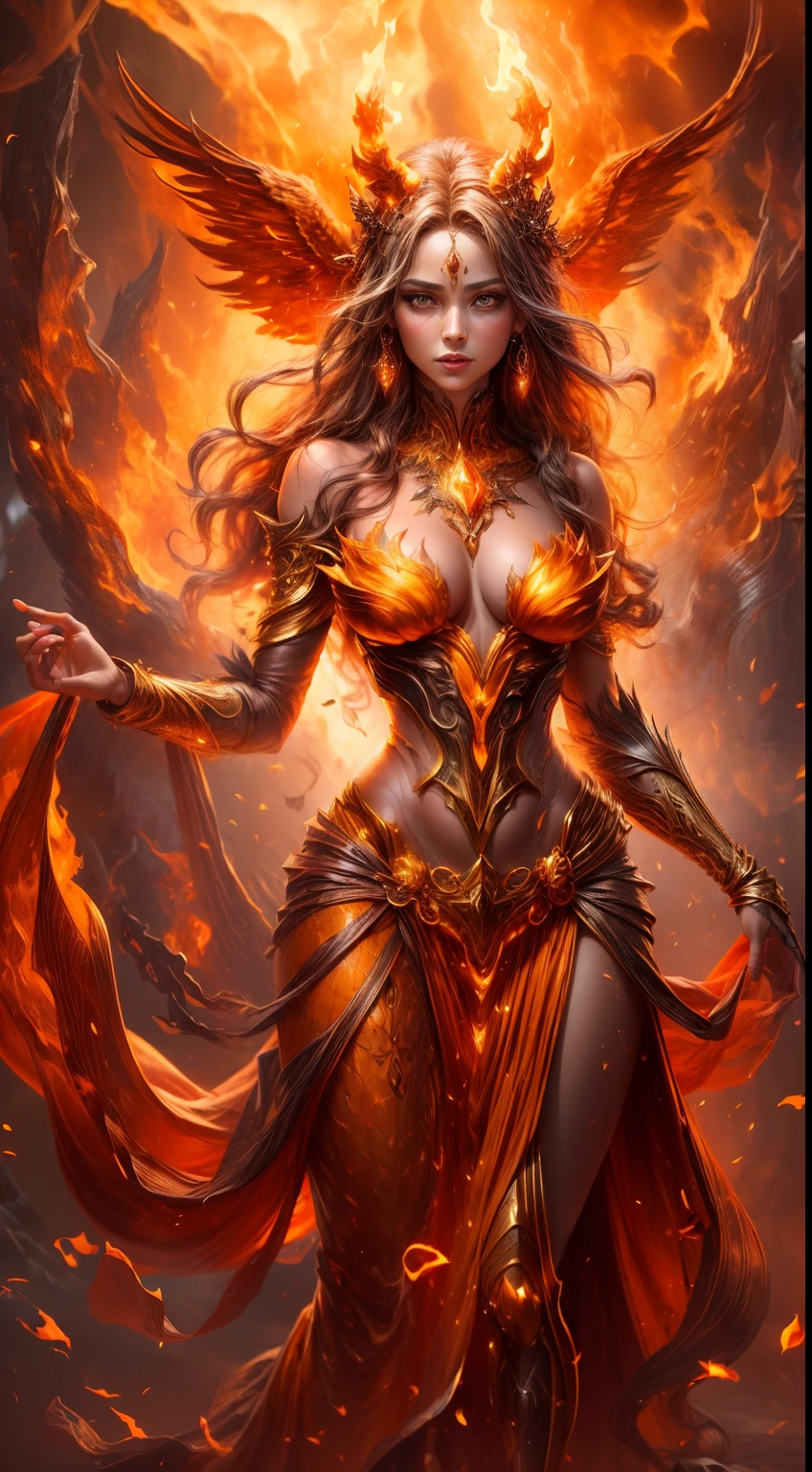 This is a realistic fantasy artwork prominently featuring realistic fire, including wisps of flames, glowing hot embers, subtle curls of smoke, and a beautiful fire druid. The druid stands in the midst of a raging inferno with an interesting composition. Her face is expertly sculpted, with elegant and refined features and perfect shading and realistic skin texture. Her (orange and gold eyes) are stunning and are the focal point of this image. (Her eyes extremely detailed, beautiful detailed eyes, and macro). Her eyes feature intricate detailing with clearly defined irises and bright sclera. Her soft lips are smooth and very puffy, and her skin is adorned with a light flush and ornate fire detailing. Her long gown is stunning and expensive, and is made of pure flames and glittering, ornate jewels that glimmer in the fire light. Her billowing gown glitters from the flames and features a delicately and intricately embroidered bodice with wisps of flames running across it. Include fantasy elements like bumps, stones, fiery iridescence, glowing embers, silk, and an interesting background. Include fiery magical creatures such as fiery birds and fiery butterflies that give off a magical and mystical aura. Lighting: Utilize the latest trends in lighting to enhance the artwork's beauty. Camera: Utilize dynamic composition to create a sense of urgency and excitement. Take inspiration from the current masters of the fantasy genre, including trending artists on Artstation and Midjourney. ((masterpiece))