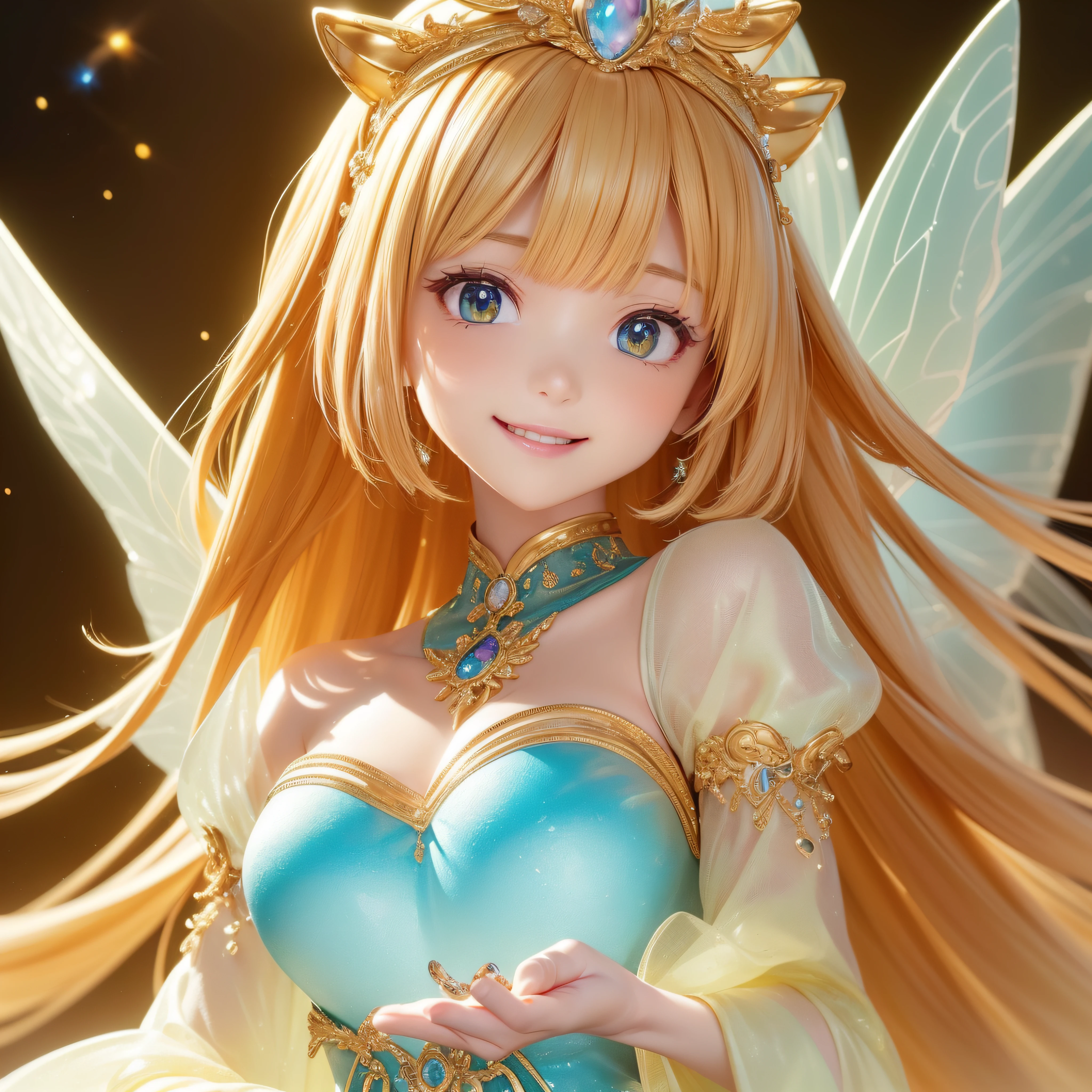 close-up of the smile face、close-up of the smile face、close-up of the smile face、smil、(Glowing eyes、Eye Gloss)、(Open lips、lipgloss)、dreamlikeart、Highly detailed airbrush art、intricate detailes、Volumetric lighting、top-quality、The ultra-detailliert、The composition of the movement、Highly detailed colorful details、Irridescent color、Bright lighting、dream-like、Magical、dynamic compositions、The mirror reflects light、Shallow depth of field、ultra-detailliert、mixing exposure、Super masterpiece、vivd colour、colourfull、One woman's face、Cute cat in clothes、Anthropomorphic representation、Rich colors、exquisitedetails、(butterflys,Exquisite butterflies,Ultra CG), (High resolution:1.5)、Sunlight on Earth。Warm sunlight glows golden、Fill the surrounding landscape。Light spreads like the wings of an angel、It looks like particles of light dancing in the air。 Gemstones come in a variety of colors and brilliance、When light passes through it、Iridescent glow spreads。These gemstones are like natural gemstones.、Sunlight enhances its brilliance.。When light hits the surface of the gemstone、Its glow instantly spreads magical fantastic colors around you.。 Gold symbolizes abundance and nobility、Its brilliance is、It makes you feel like you've stepped out of a dream。When the light hits the golden surface、As if particles of light turned into gold dust、A beautiful landscape studded with golden particles opens up.。 The empress is a symbol of strength and grace。Her presence is like the sun itself.、The light that shines around it spreads。Her costume and crown are also decorated with gold and jewels、The figure of the sun goddess appears as it is.。The presence of the empress、It adds more dignity and charm to the surrounding spectacle。 The combination of these factors、「How everything shines」is beautiful、It will be portrayed as a fantastic and magnificent sight。