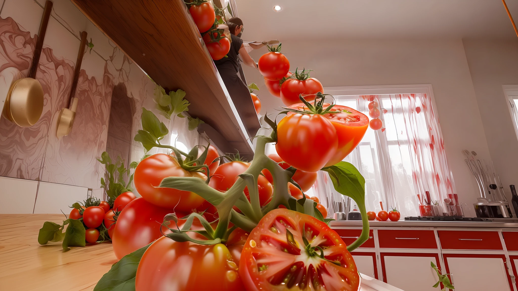 There's a tomato juice slide where animated tomatoes glide, fotorealista, Integrate the rendered elements into the photographic environment in terms of textures, luz, contraste y foco