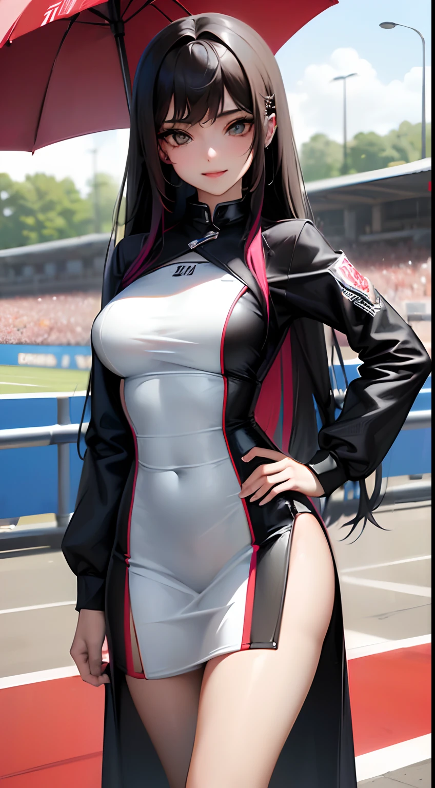 ultra res、realisitic,
(realisticlying:1.3)、
(1 slim girl)、stylish girl、lo fashion、
Young Face、red blush、(evil smile)、
(Slimed)thighs thighs thighs thighs、、耳Nipple Ring、
(Race Queen)、(Clothes made of enamel material)、
gravure、cosplayer, Race Queen、Uniform with logo、 Exquisite beauty、Beautiful face, Race Queen, Multicolored inner color hair, dark brown skin, neons、Large crowds、audience、Forming an emperor、Drag racing、Midsommar Racing Circuit、racing car、Large crowds、Spectators、