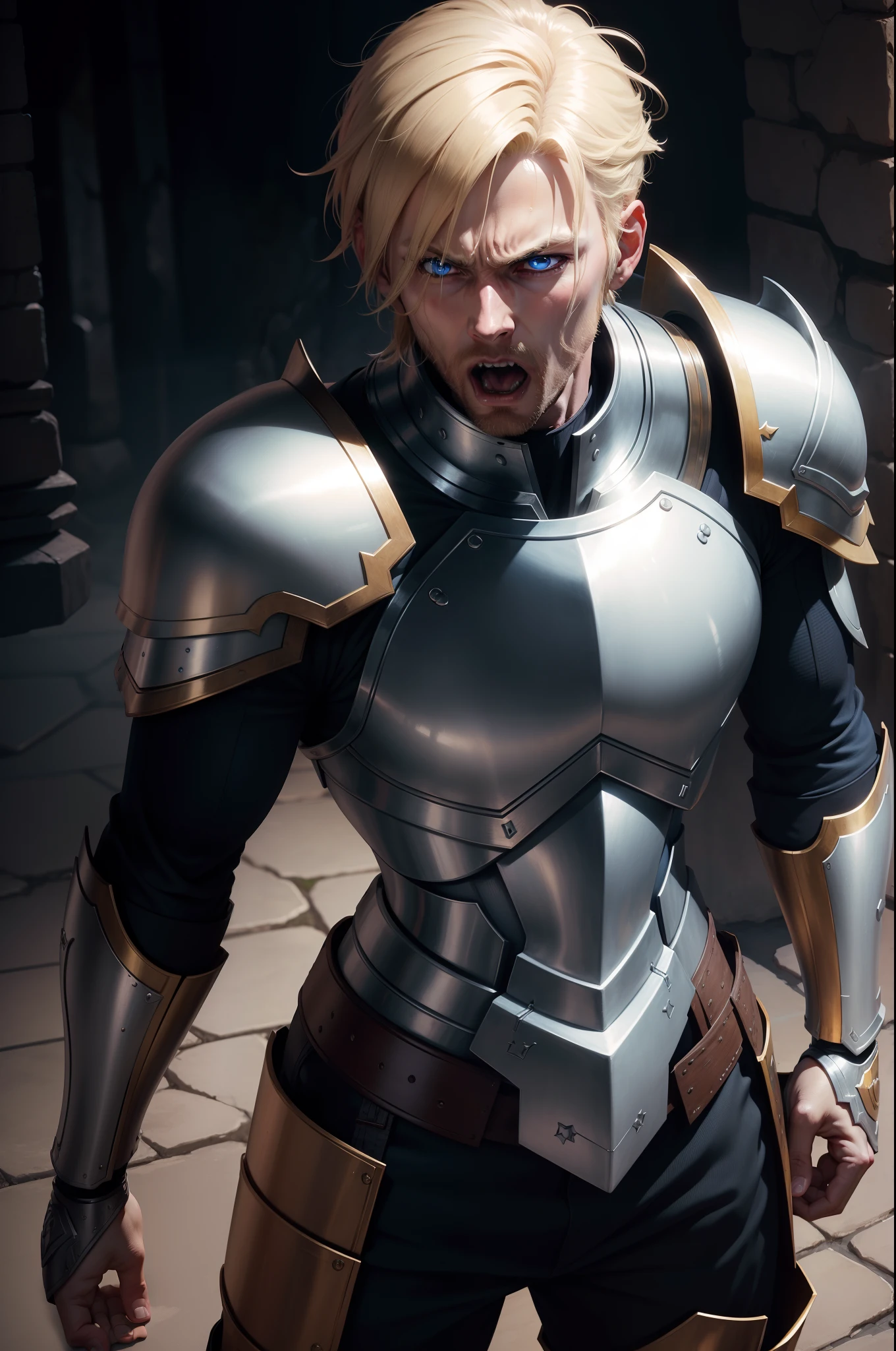 Realistic 8k image of blond man, 35 years old, blue eyes, short hair, strong, screaming in pain, dressed in silver RPG warrior costume with golden shoulder pads, looking down, in a large dungeon, anime art style