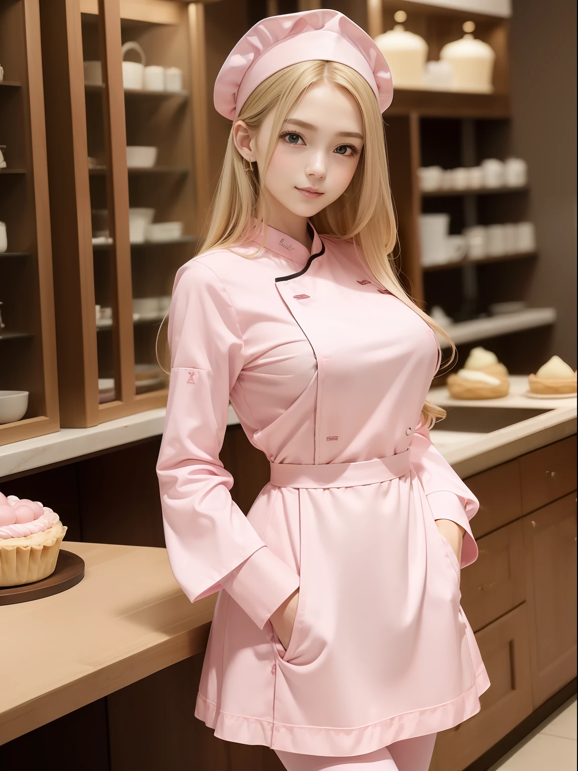 masuter piece, best qualtiy, ((Real Model Shots)), 8K picture quality, ((1 persons)), extremely delicate and beautiful, magnifica, Official art with attention to detail, (20-year-old cute girl), (Petite and pretty girl), (japanese beauty girl), ((Perfect female figure)), large full breasts, Slim waist, big butts, blonde hair, (((Cute pink color long sleeve pastry chef clothes))), Cooking clothes, Whole cakes, atelier, Cake shop, ssmile,