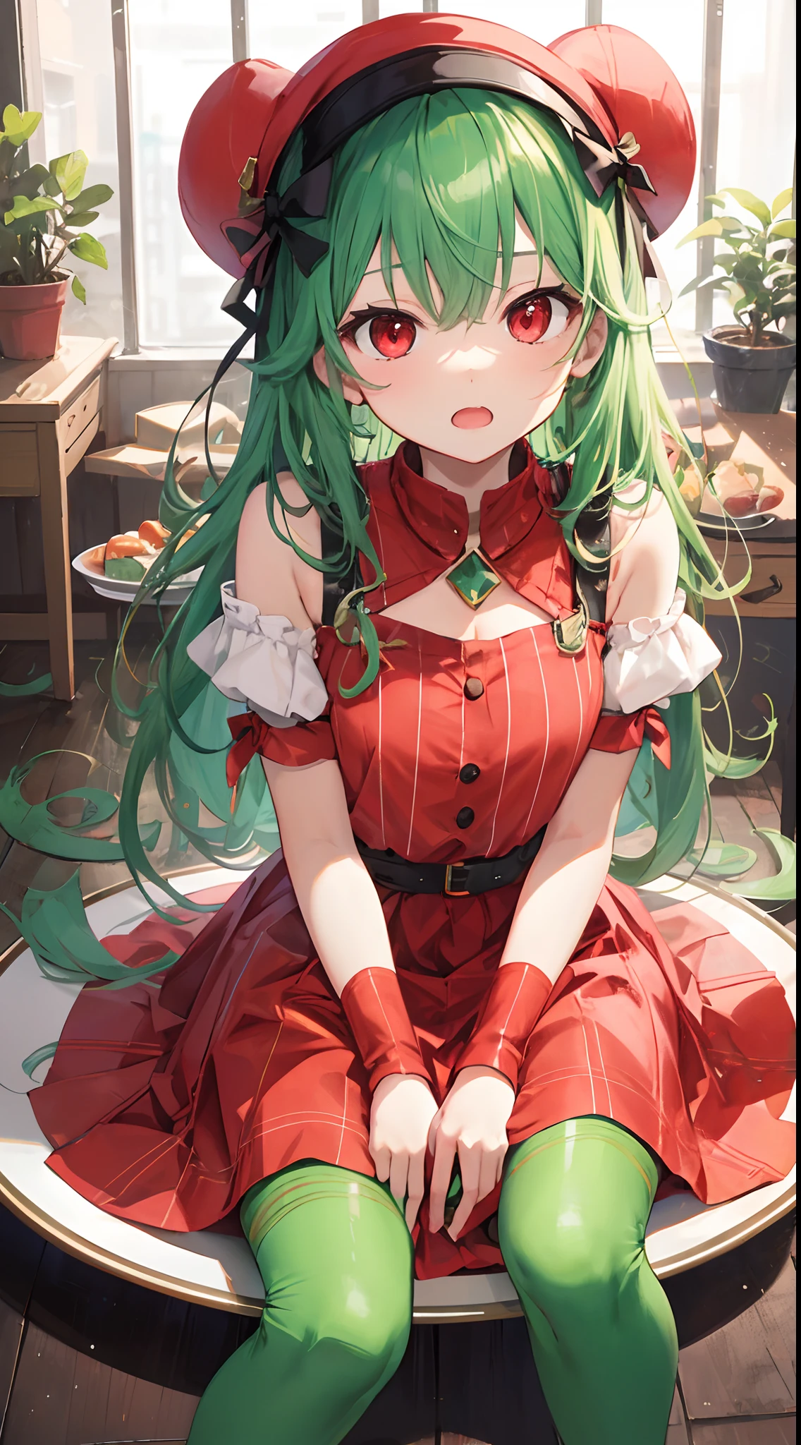 White tray、girl with、little man、Red eyes、Green hair、outfits：Tomato、Cosplay：Tomato、plushies、red outfit（（Dwarf sitting on a plate：1.8））、kawaii、be frightened、tremble for