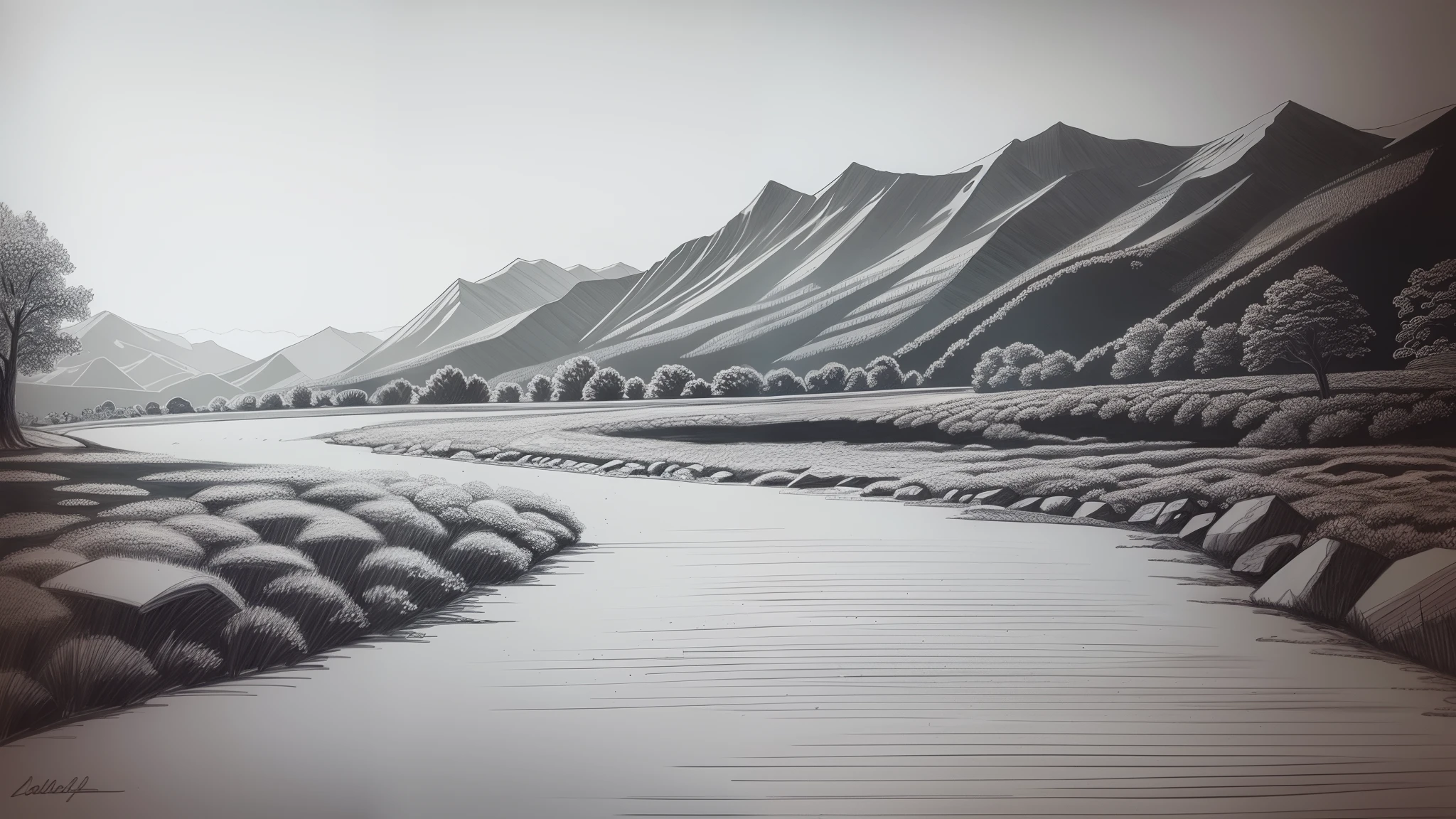 A landscape drawing with a ballpoint pen,