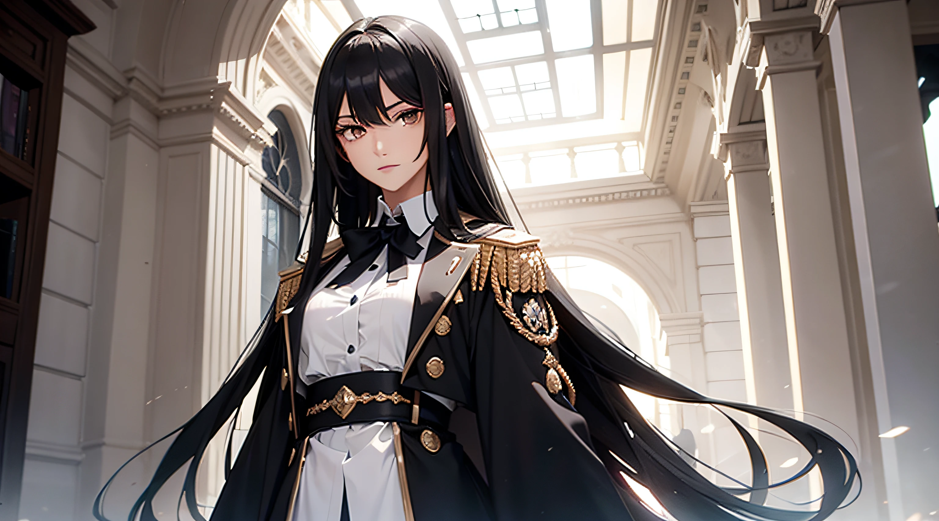 Transcendent beautiful girl with long black hair dressed as a man in male uniform
