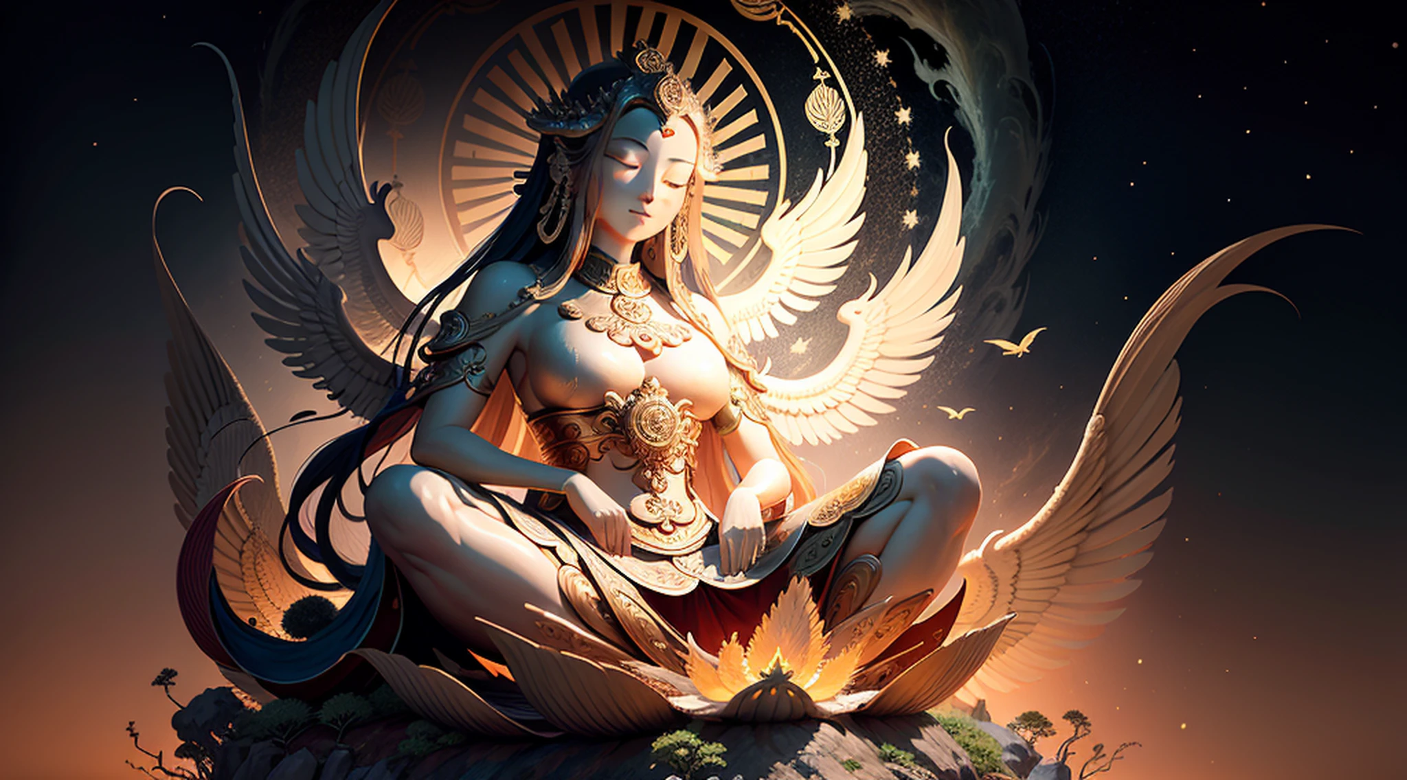 uma antiga deusa chinesa, Guanyin dos Mares do Sul, Guanyin, Inspirado na China, Avalokiteshvara rides a phoenix,,serene expression,Shui Mo Hua,Buda,budista,lotuses,Estilo de pintura chinesa,Estilo Thangka