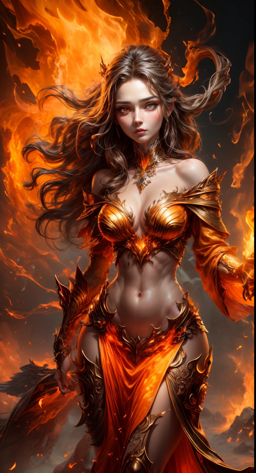 This is a realistic fantasy artwork prominently featuring realistic fire, including wisps of flames, glowing hot embers, subtle curls of smoke, and a beautiful fire druid. The druid stands in the midst of a raging inferno with an interesting composition. Her face is expertly sculpted, with elegant and refined features and perfect shading and realistic skin texture. Her (orange and gold eyes) are stunning and are the focal point of this image. (Her (((eyes extremely detailed))), beautiful detailed eyes, and macro). Her eyes feature intricate detailing with clearly defined irises and bright sclera. Her soft lips are smooth and very puffy, and her skin is adorned with a light flush and ornate fire detailing. Her long gown is stunning and expensive, and is made of pure flames and glittering, ornate jewels that glimmer in the fire light. Her billowing gown glitters from the flames and features a delicately and intricately embroidered bodice with wisps of flames running across it. Include fantasy elements like bumps, stones, fiery iridescence, glowing embers, silk, and an interesting background. Include fiery magical creatures such as fiery birds and fiery butterflies that give off a magical and mystical aura. Lighting: Utilize the latest trends in lighting to enhance the artwork's beauty. Camera: Utilize dynamic composition to create a sense of urgency and excitement. Take inspiration from the current masters of the fantasy genre, including trending artists on Artstation and Midjourney. ((masterpiece))