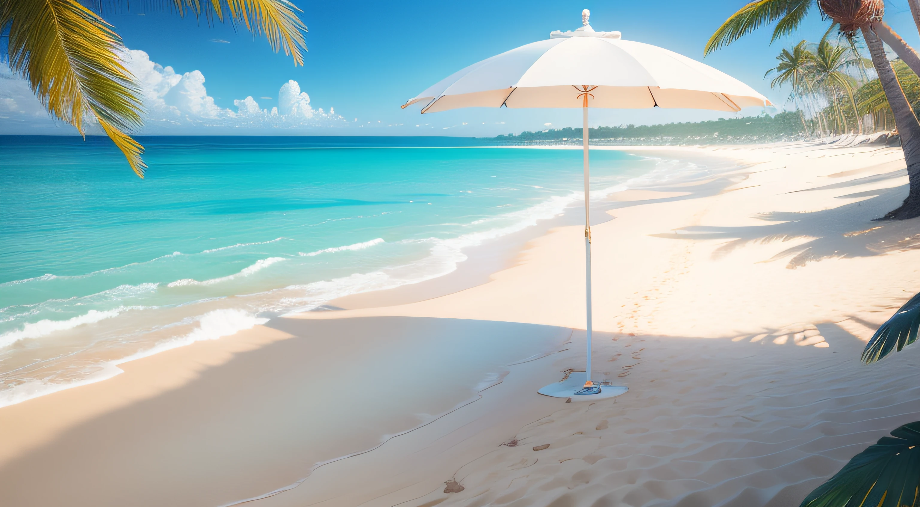 White sandy beach、Wavy、Clean sea、blue open sky、parasol、Palm trees、up、South Country、8K、top-quality、realisitic