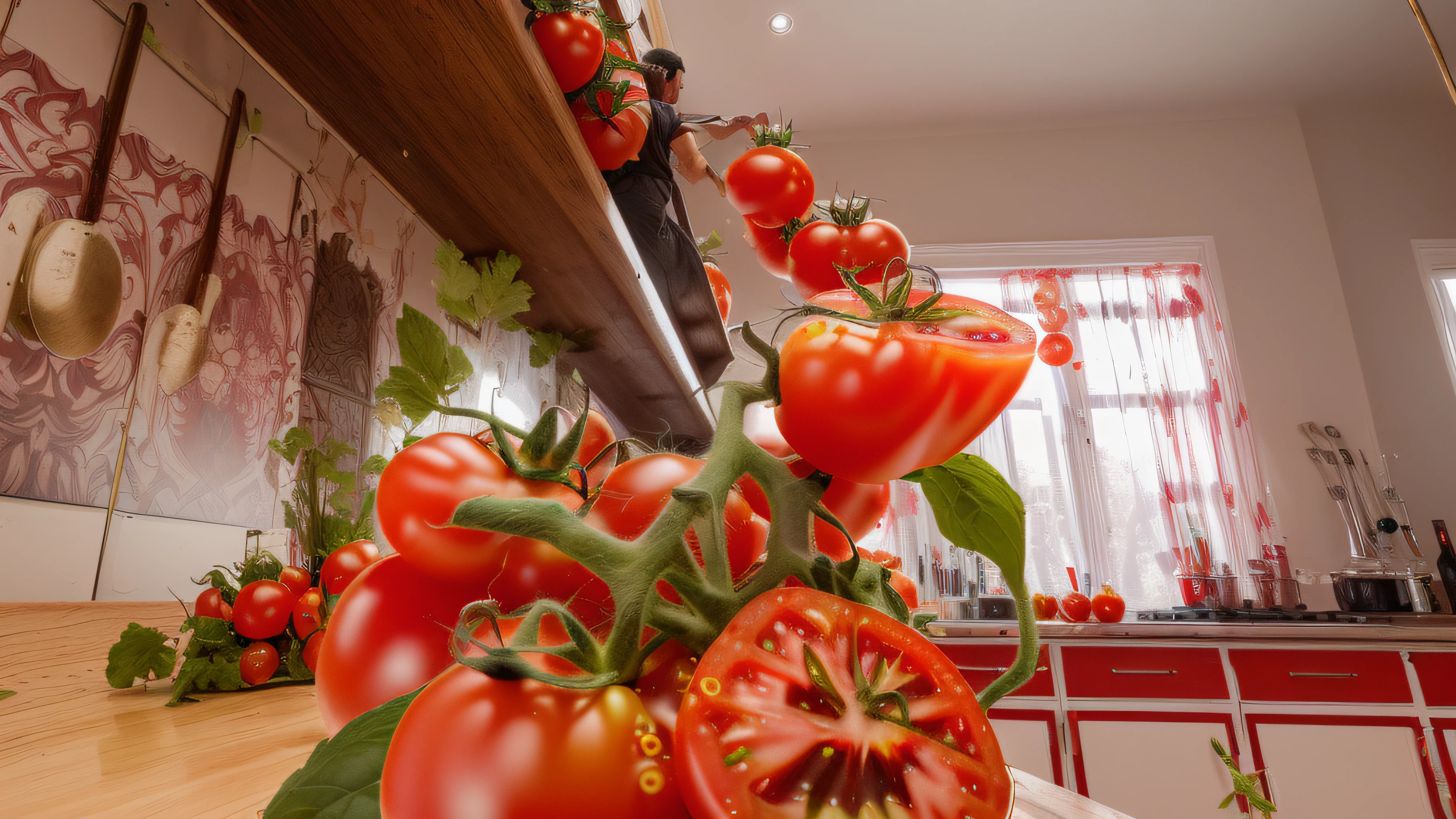There's a tomato juice slide where animated tomatoes glide, fotorealista, Integrate the rendered elements into the photographic environment in terms of textures, luz, contraste y foco