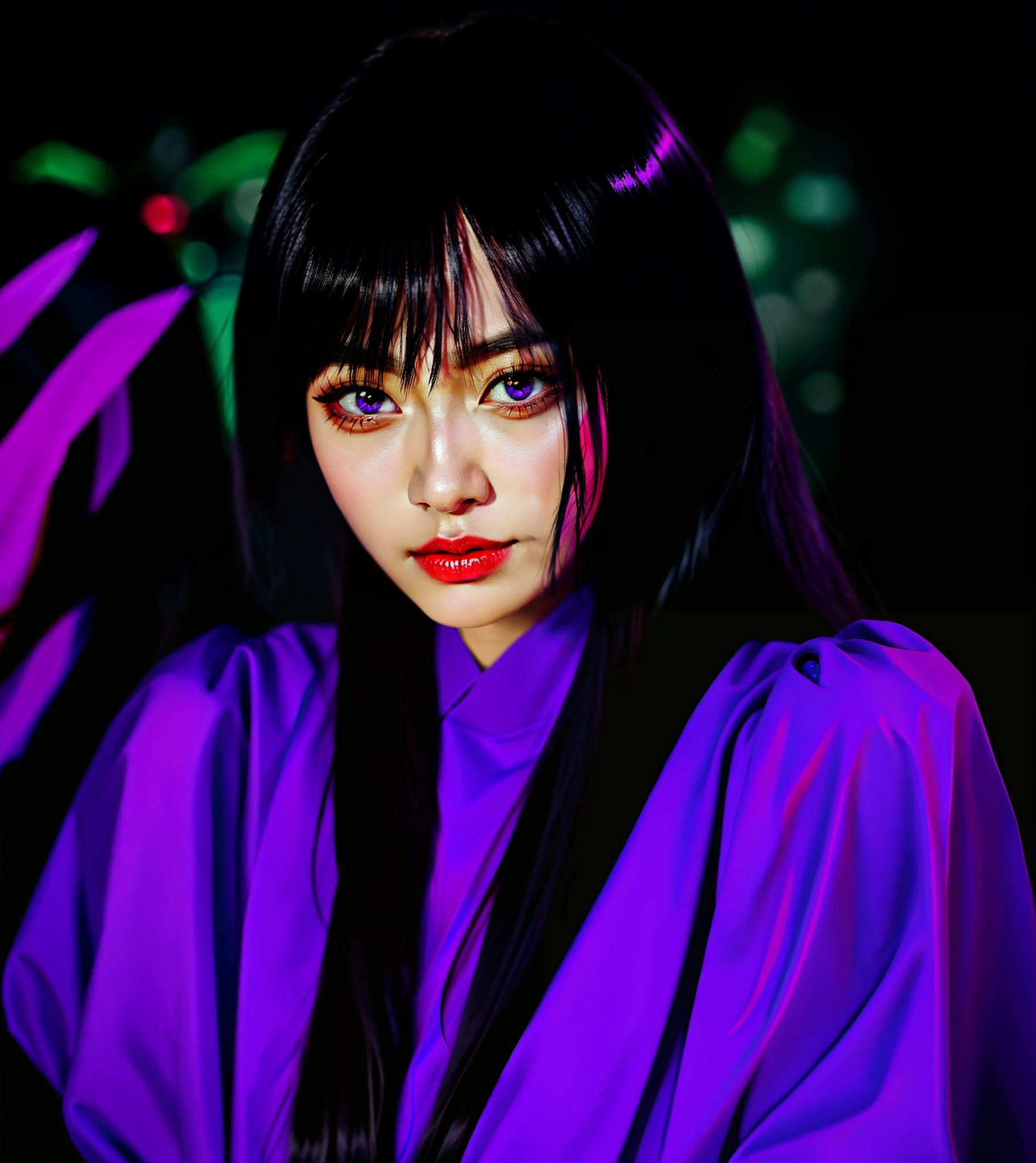 Kizi,23years old,Asian people,Works of masters,Best image quality,Higher quality,high detal,超高分辨率,8K分辨率,Exquisite facial features,girls ,Glowing eyes,long whitr hair,the detail, ,[[Look away,Look to the side,Emphasize homosexuality and pay attention to every detail ,Purple magic,Purple lipstick,Purple-black makeup,Purple magic costume with spikes,jeweled accents,Spiked decoration,Behind is the magic mirror,Demon King