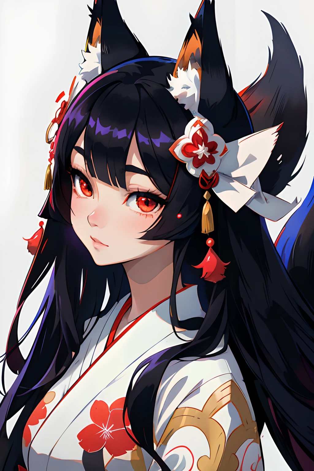 High quality, masutepiece, 1girl in, Fox Woman、Very beautiful adult woman、A detailed face、high-level image quality、细致背景、She wears a very beautiful red kimono、Sleepy face、very long beautiful black hair、Her eyes are a beautiful blue color.、The inside of the eye shines like a diamond、Fox ears are white、Bust D、（very long and beautiful shiny black hair,,,,,,,,）(Fox ears are white)、Very beautiful female anime girl with long black hair and red and white kimono, portrait onmyoji, onmyoji detailed art, Onmyoji, artgerm and atey ghailan, anime style 4 k, Anime girl with fox ears, beautiful anime catgirl, anime style artwork, by Yang J, digital anime illustration, portrait of ahri, anime style illustration、Cheerful pose