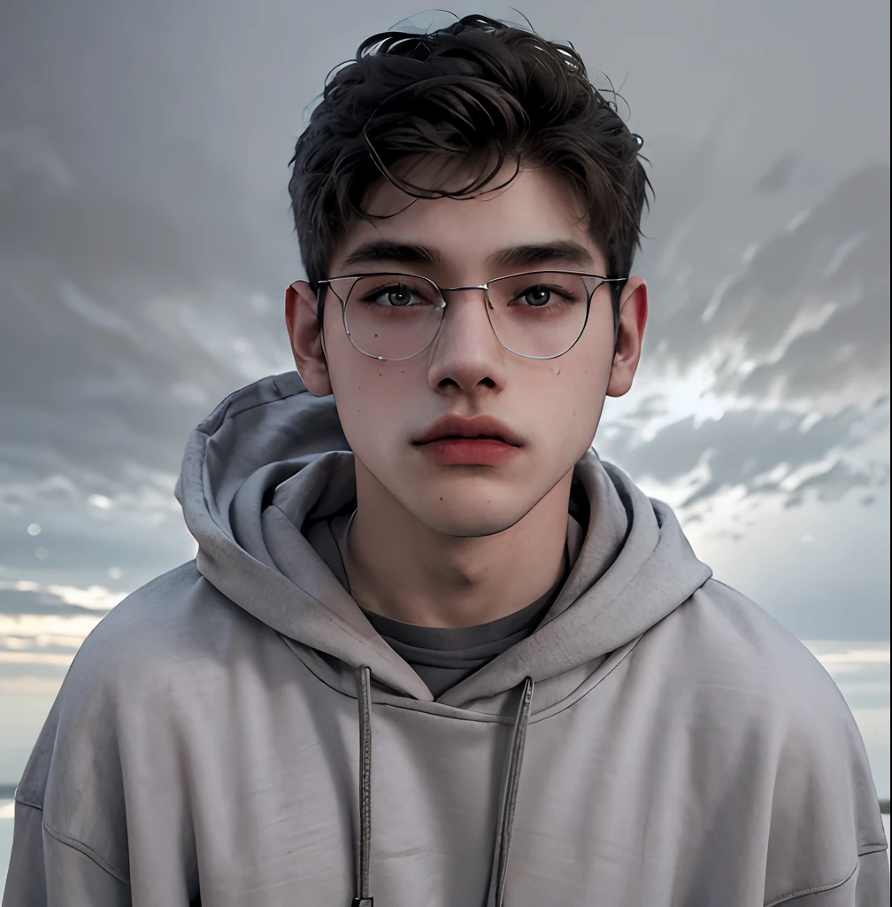 (masterpiece:1.2), (best quality:1.2), hyper realistic,highestres,absurdres,extremely detailed,volumetic,dramatic lighting,(frontal view),
20 year old boy,face,detailed eyes, grey hoodie, black t-shirt, with background ((sky))