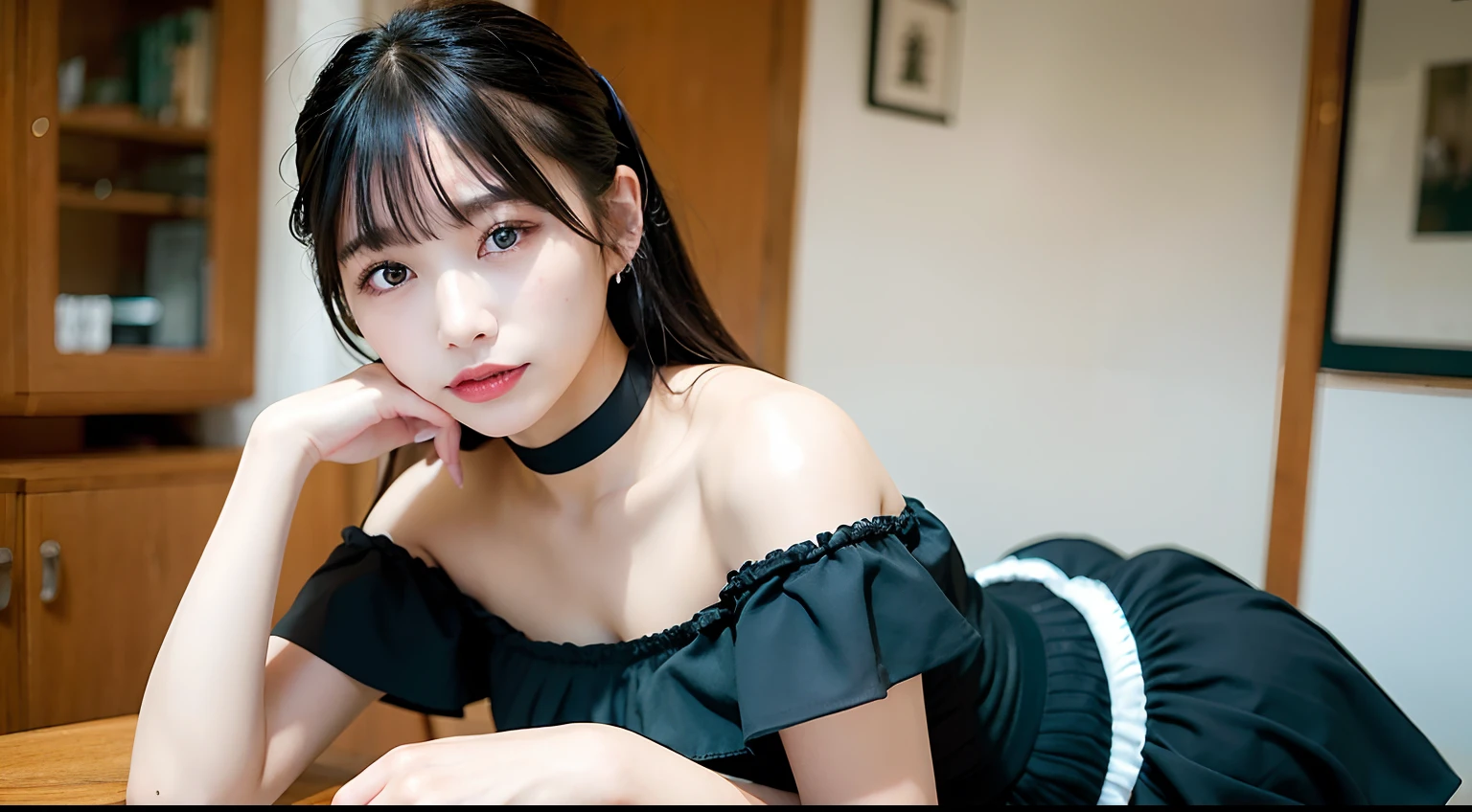 casual dress,mini skirt,(open mouth:1.5),(tongue out:2),lying,finger to chin,overhead shot,front view,face focus,(1girl,Beautiful 14 year old girl,ager),((Slender,Small breasts,Small face,)),(looking at viewer),Black Hair,bangs,one side up,Beautiful and detailed,(Dimly lit room:1.5),White bed,pillow,Mischievous smile