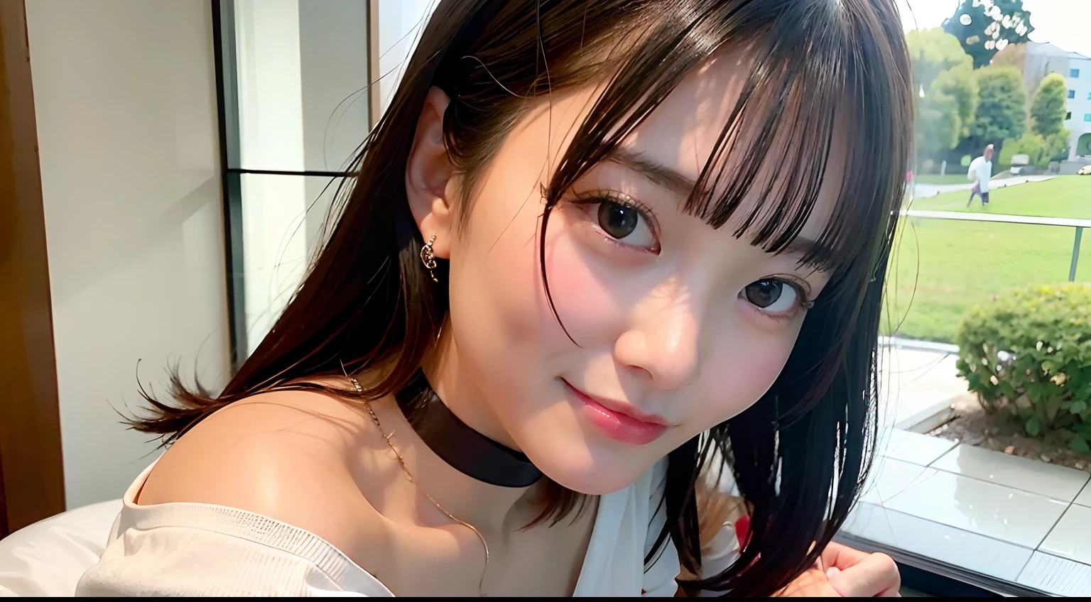 White sweater mini dress,bare shoulder,oollarbone,open mouth,tongue out,cum on tongue,standing,slouch,Selfie,looking ahead,from above,flont view,upper body,(1girl,Beautiful 14 year old girl),((Slender,Small breasts,Small face,)),looking at viewer,Black Hair,bangs,straight,Beautiful and detailed,Mischievous smile,Dimly lit room,Simple Background,Black background,Low lighting
