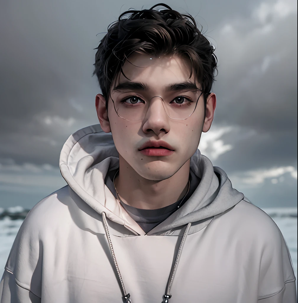 (masterpiece:1.2), (best quality:1.2), hyper realistic,highestres,absurdres,extremely detailed,volumetic,dramatic lighting,(frontal view),
20 year old boy,face,detailed eyes, grey hoodie, black t-shirt, with background ((sky))
